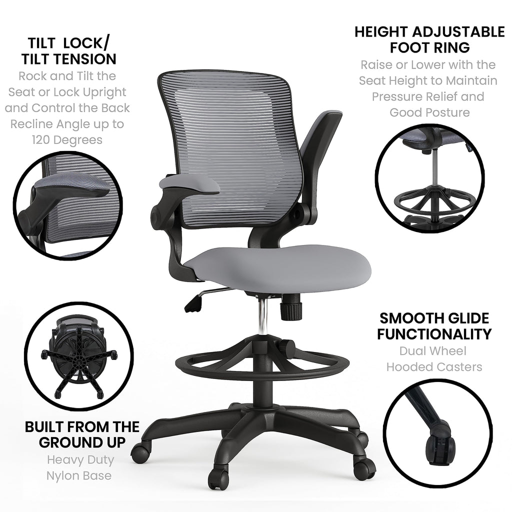Flash Furniture Kale Mid-Back Swivel Office Chair with Height Adjustable Foot Ring and Lumbar Support, Mesh Executive Chair with Armrests, Dark Gray