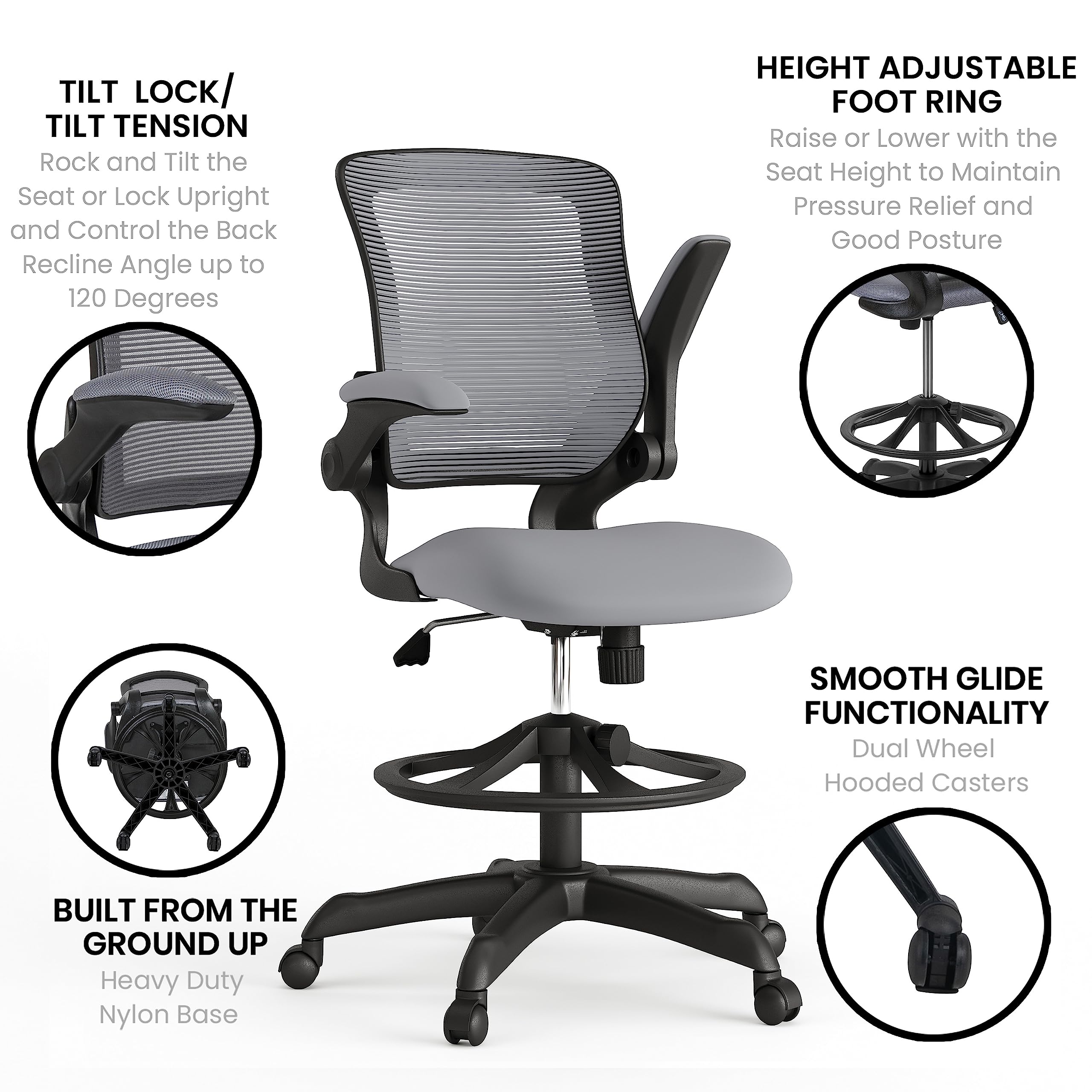 Flash Furniture Kale Mid-Back Swivel Office Chair with Height Adjustable Foot Ring and Lumbar Support, Mesh Executive Chair with Armrests, Dark Gray
