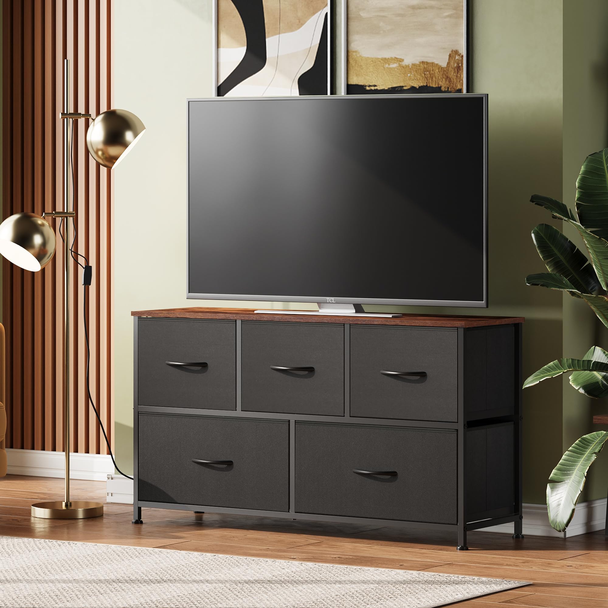 Wlive Dresser For Bedroom With 5 Drawers, Wide Chest Of Drawers, Fabric Dresser, Storage Organizer Unit With Fabric Bins For Closet, Living Room, Hallway, Black And Rustic Brown