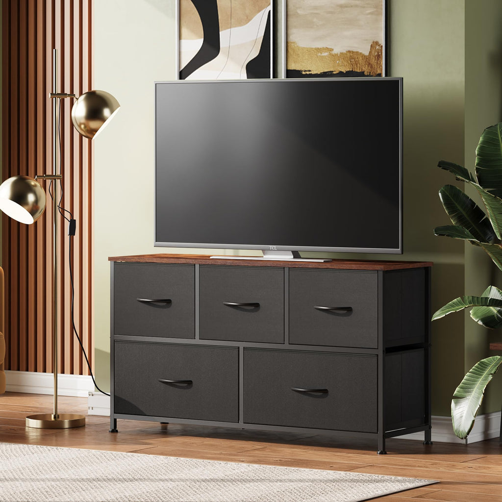 Wlive Dresser For Bedroom With 5 Drawers, Wide Chest Of Drawers, Fabric Dresser, Storage Organizer Unit With Fabric Bins For Closet, Living Room, Hallway, Black And Rustic Brown
