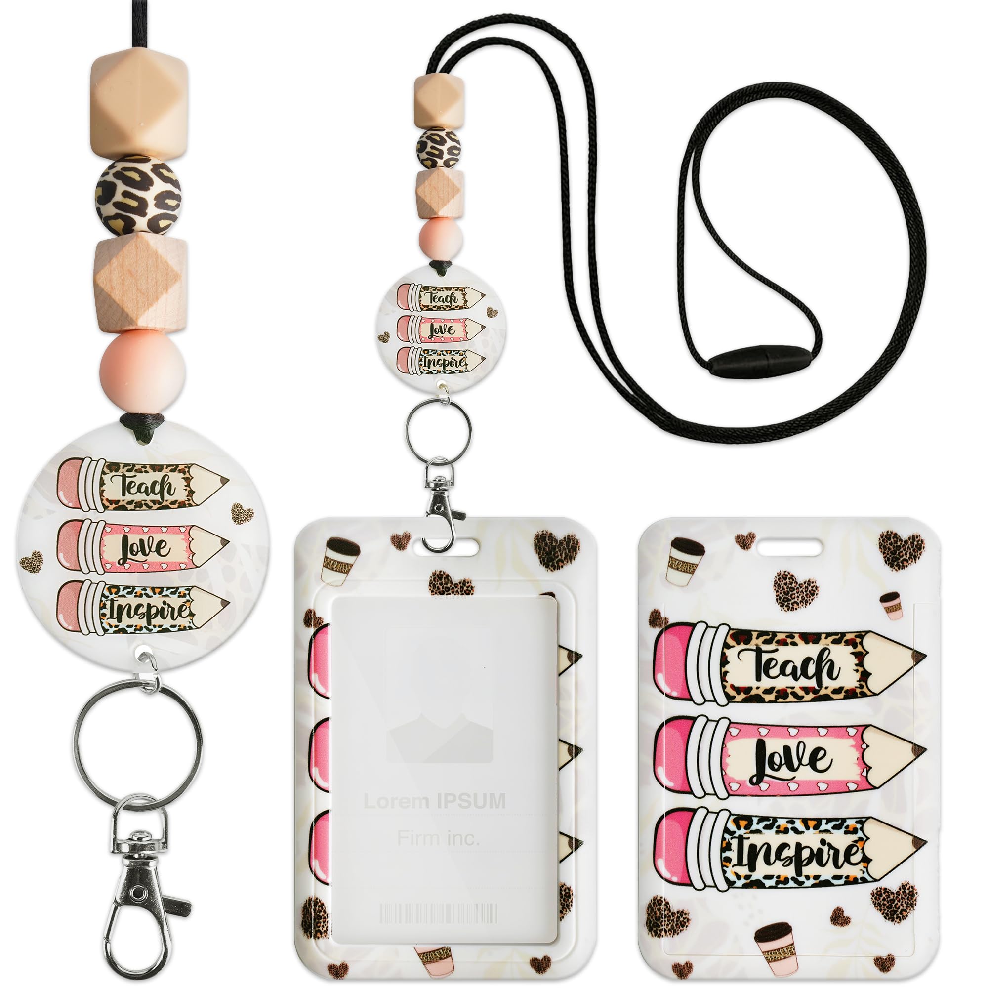 Teacher Lanyard With Id Holder, Teach Love Inspire Leopard Print Pencil Heart Badge Holder With Beaded Adjustable Lanyard, Teach
