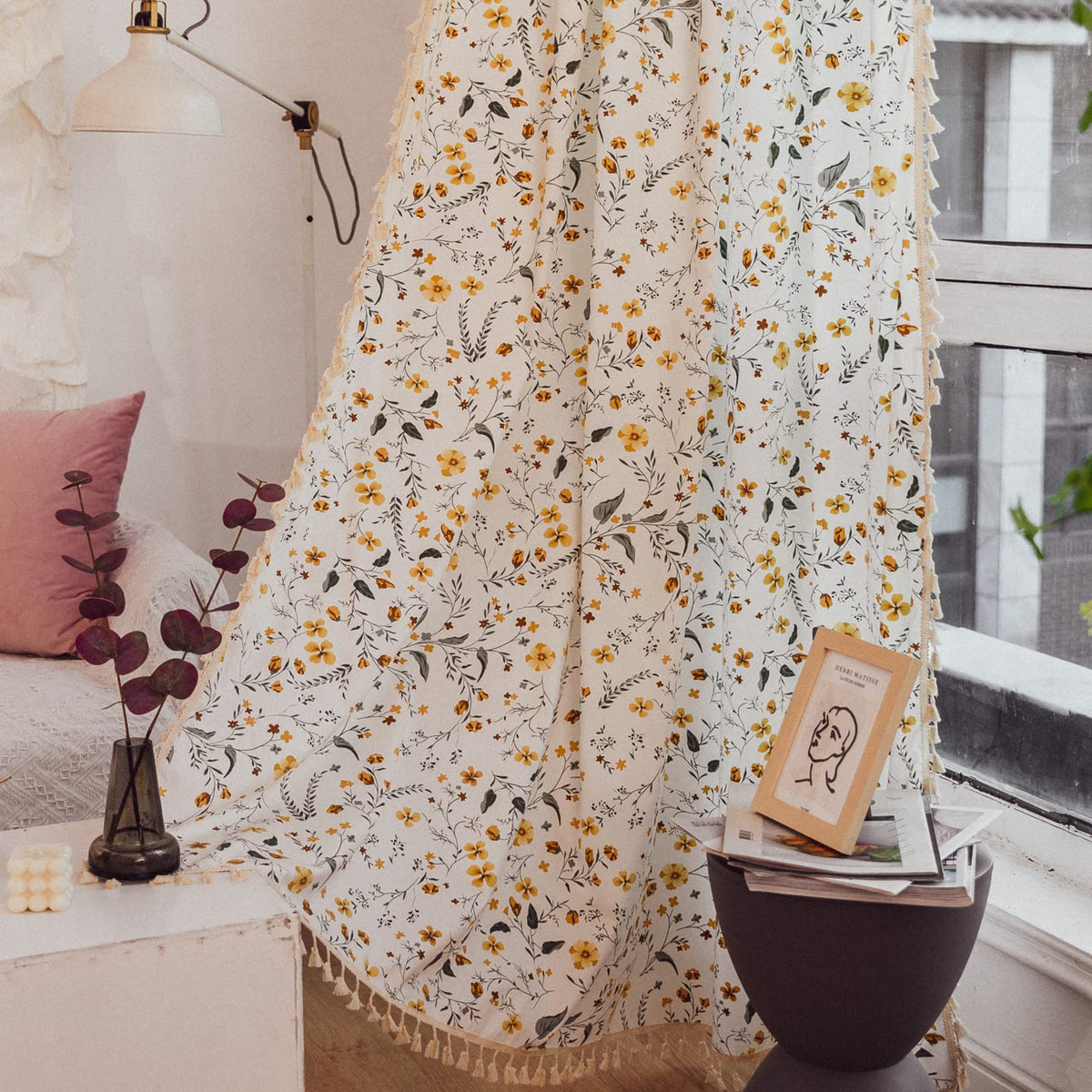 Sutuo Home Boho Curtain Semi-Blackout Yellow Florals Print Cotton Linen Fabric, Handmade Tassels Rod Pocket Bohemian Farmhouse C