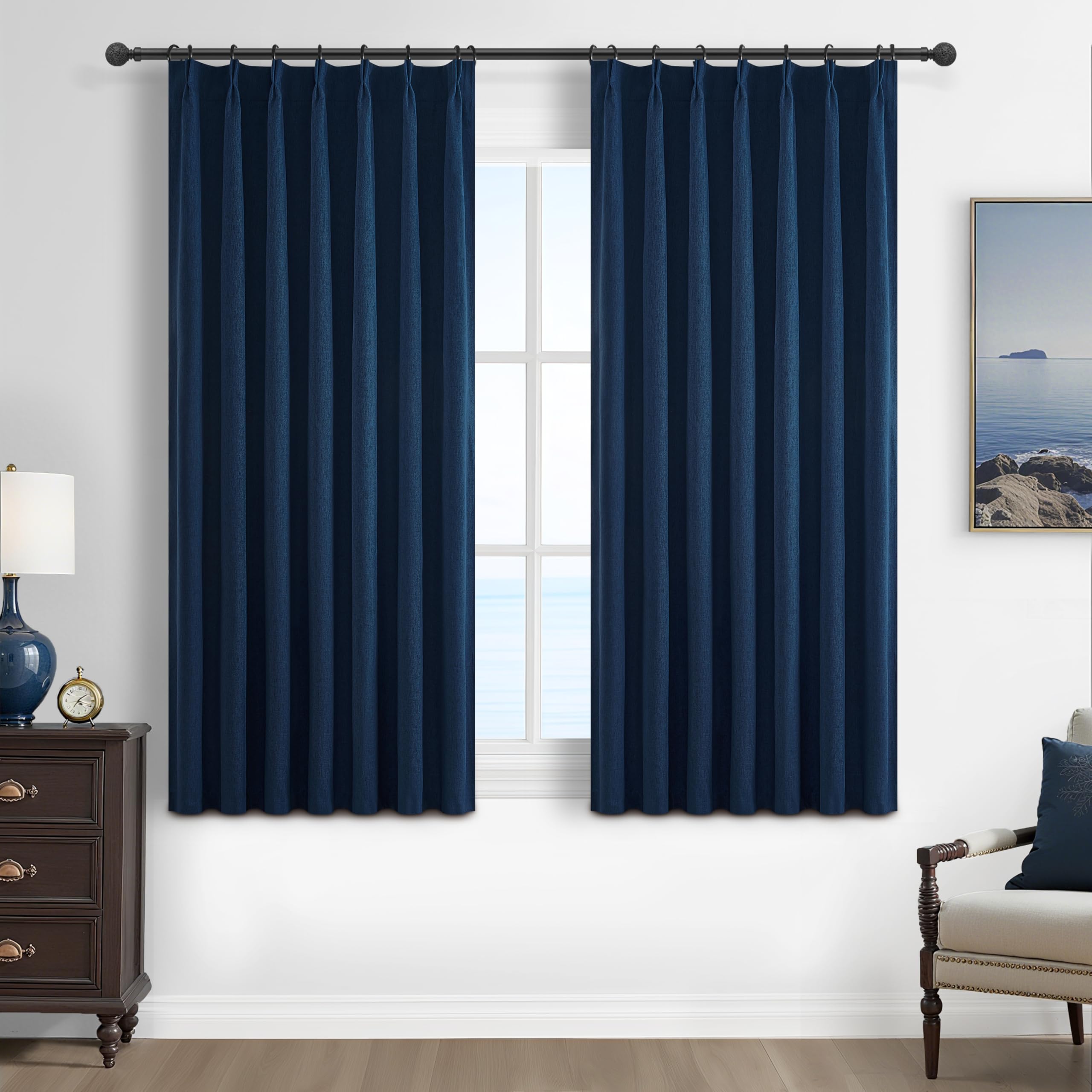 Navy Blue Small Blackout Curtains 54 Inches Length for Kids/Boys Rooms/Bedroom, Pinch Pleated Drapes with Hooks Viral Linen Ther