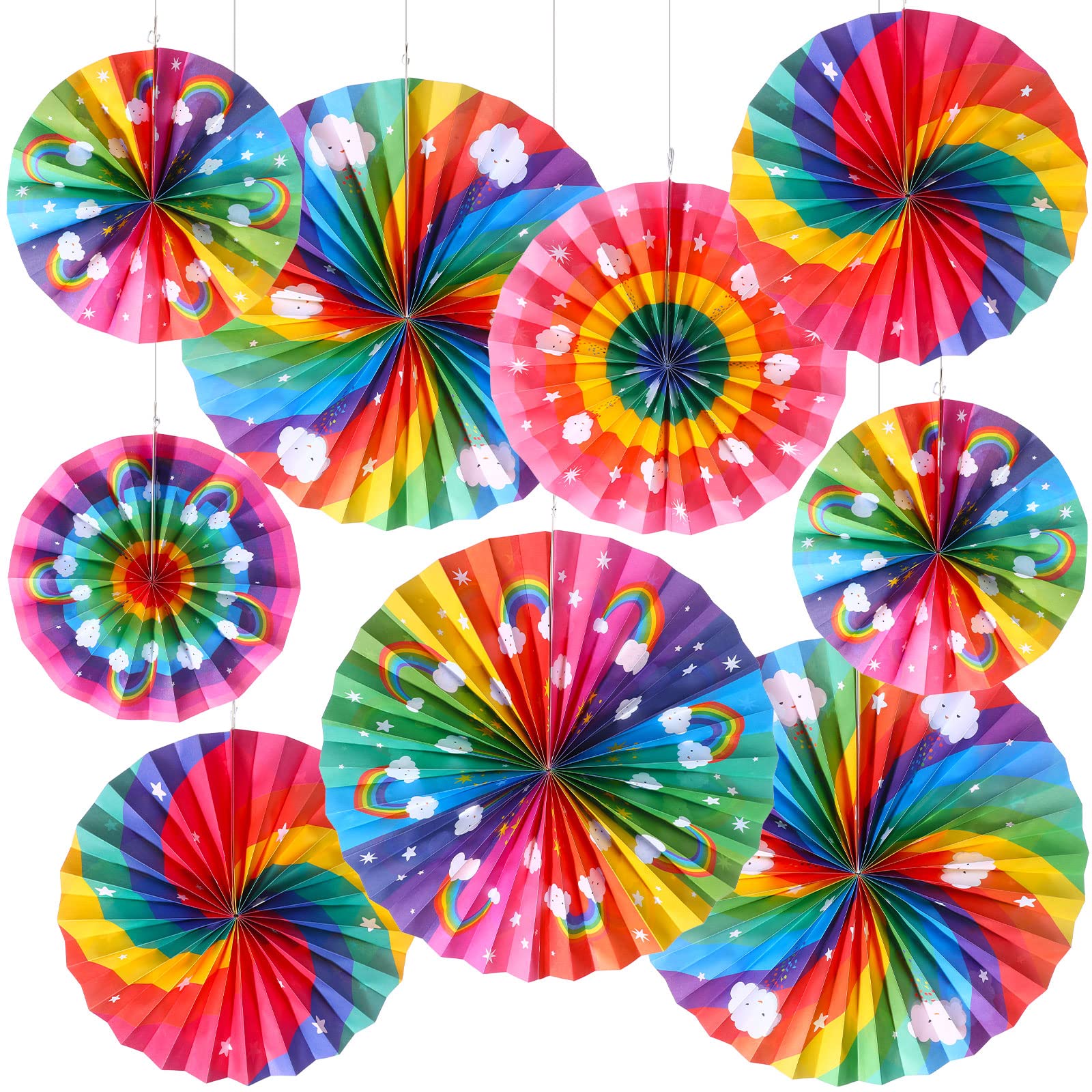 Outus 9 Pcs Rainbow Party Decorations Paper Fans Boho Classroom Bulletin Board Decor Ceiling Wall Hanging Paper Fans for Rainbow