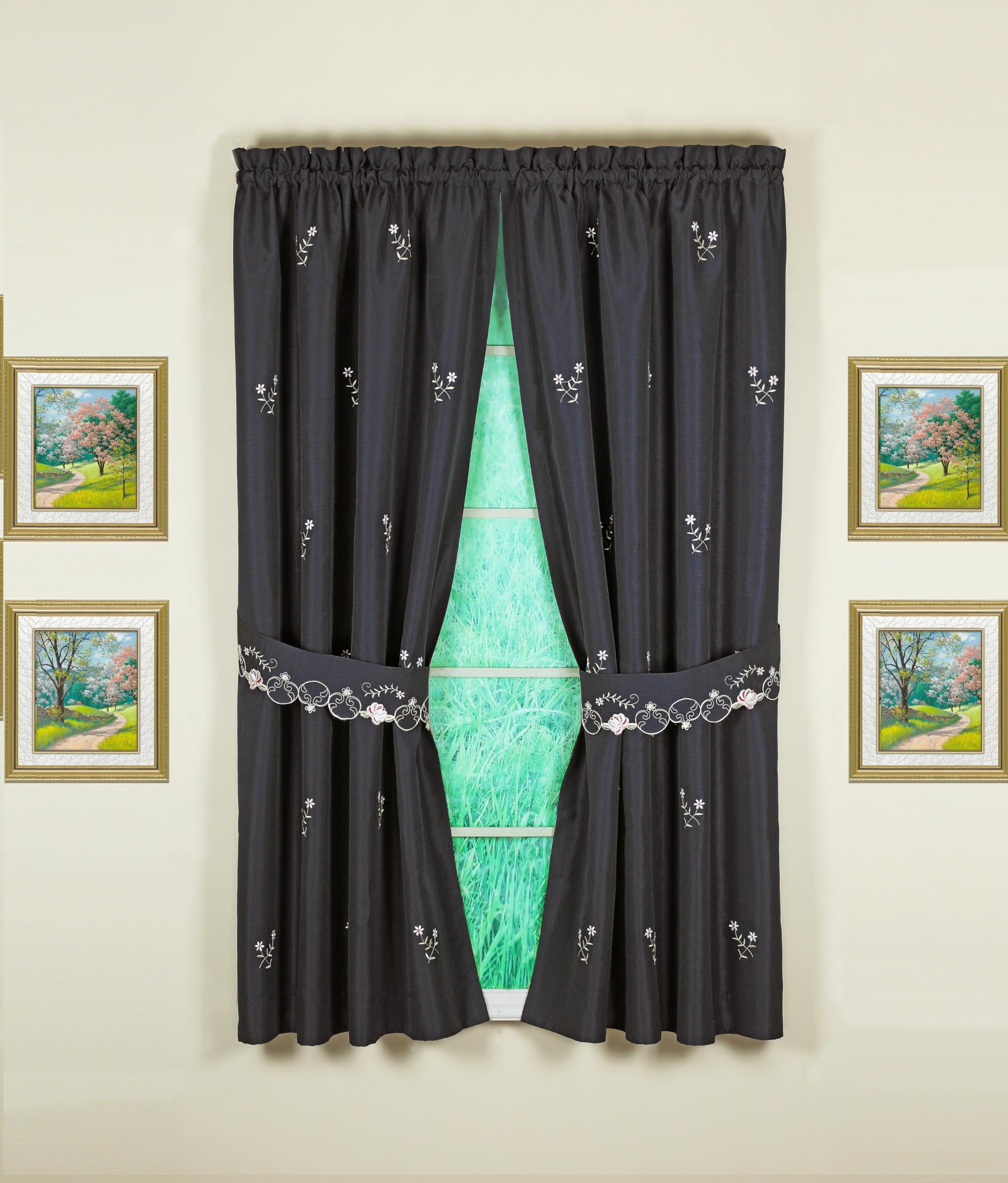 Today'S Curtain Verona Reverse Embroidery Panel Pair And Tiebacks, 63', Black/Rose, 80' W X 63' L