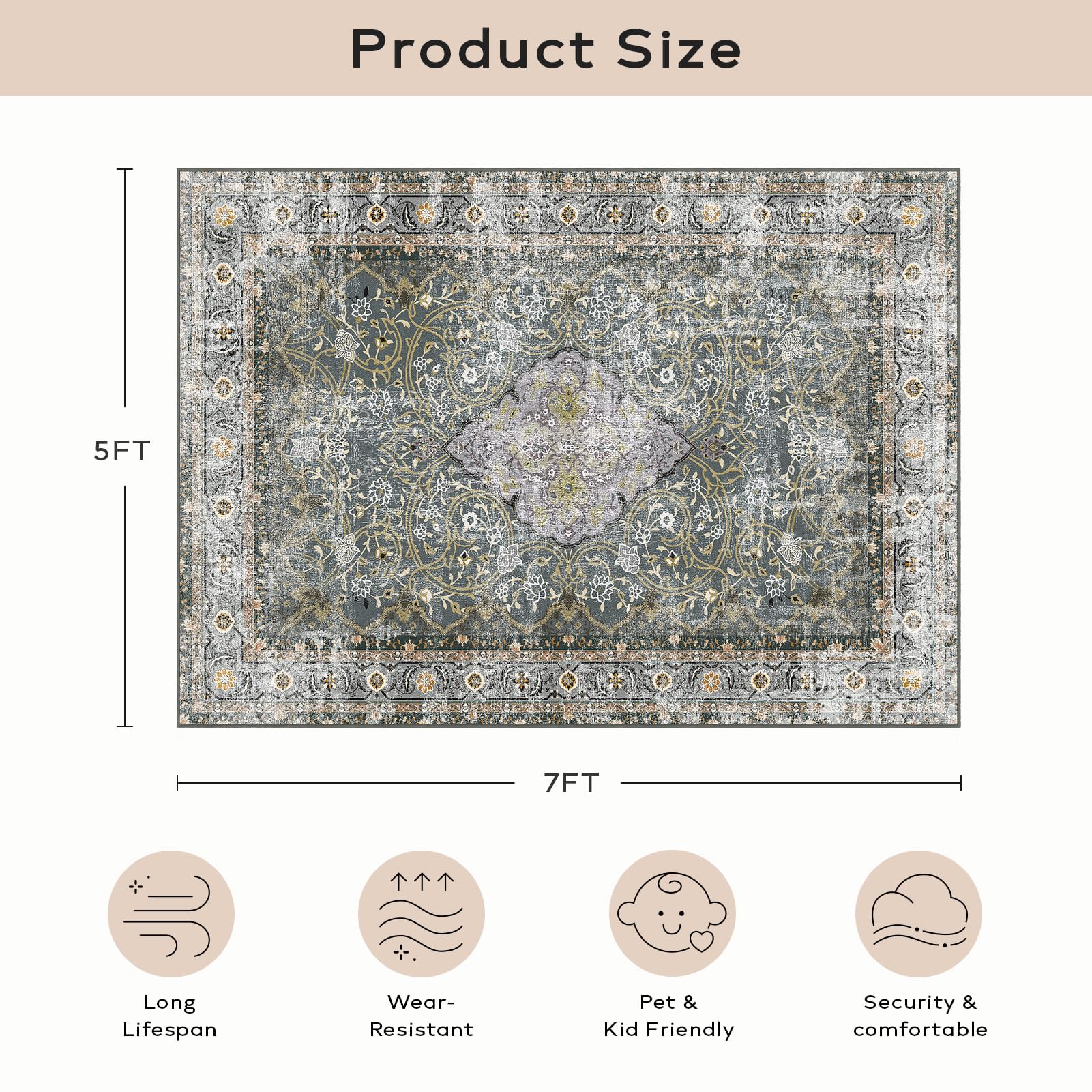 Ashler Boho Rug, 5X7 Area Rugs, Vintage Rugs, Large Area Rug, Rugs For Living Room, Bedroom, Kitchen, Dinner, Grey Cya/Earthy Ye