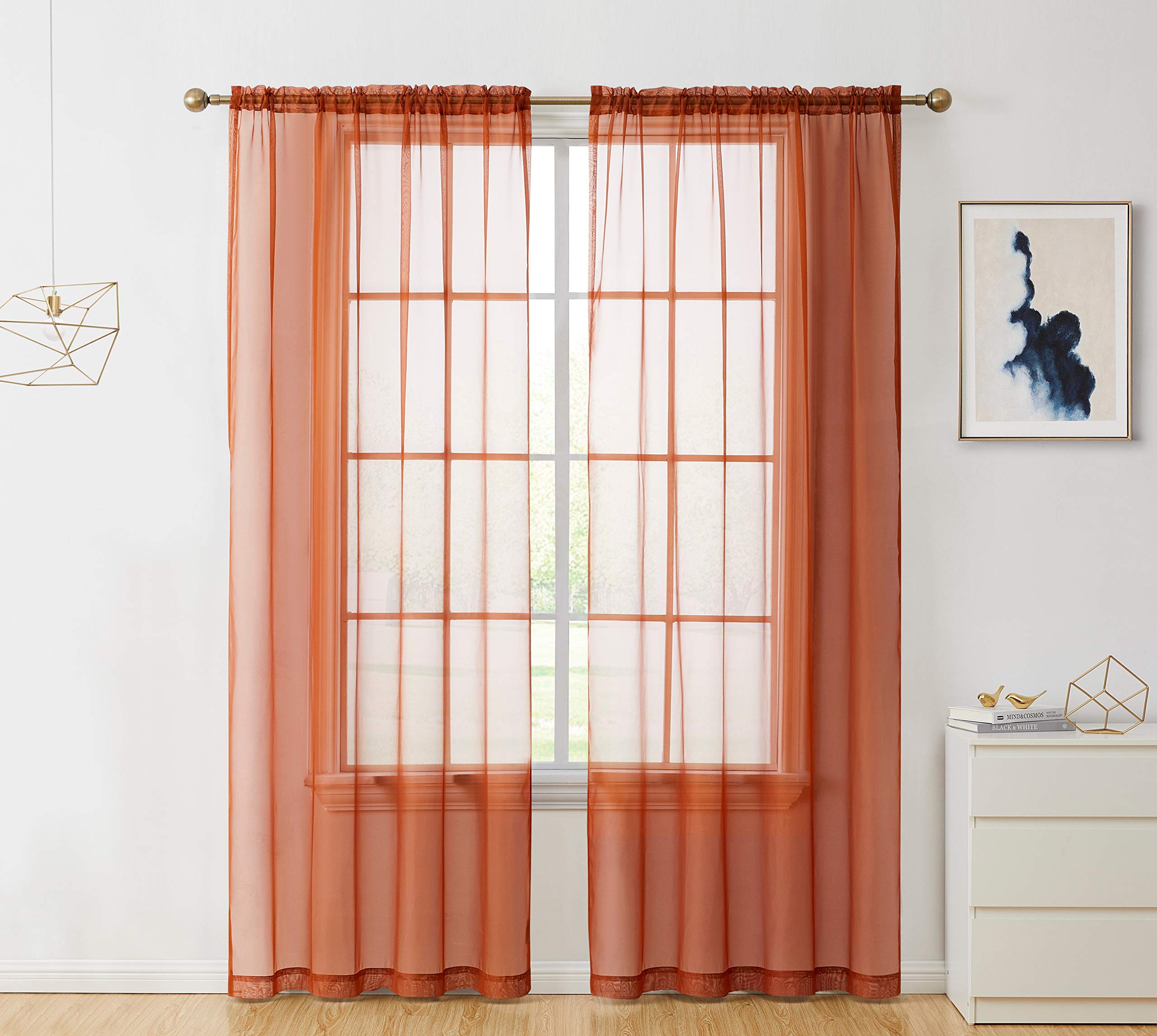 Hlc.Me Rust Burnt Orange Sheer Voile Window Treatment Rod Pocket Curtain Panels For Bedroom And Living Room (54 X 84 Inches Long