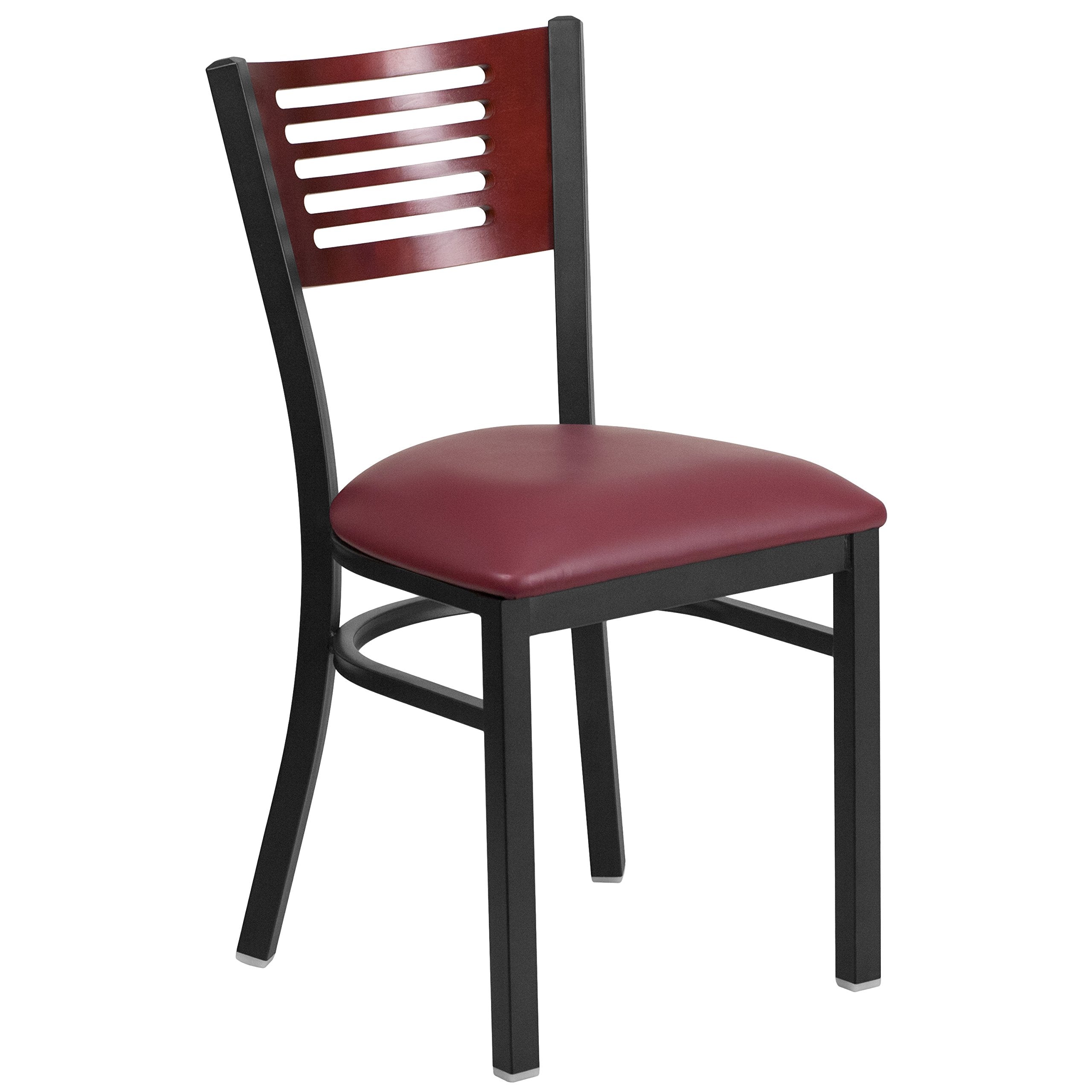 Flash Furniture Hercules Series Black Slat Back Metal Restaurant Chair - Mahogany Wood Back, Burgundy Vinyl Seat