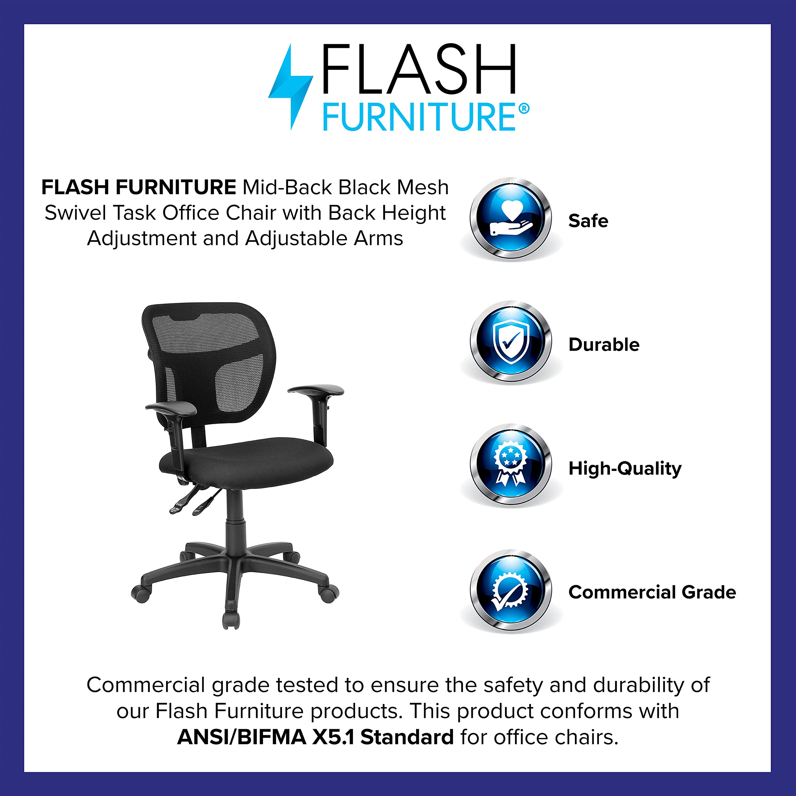 Flash Furniture Pellen Mid-Back Black Mesh Swivel Task Office Chair with Back Height Adjustment and Adjustable Arms