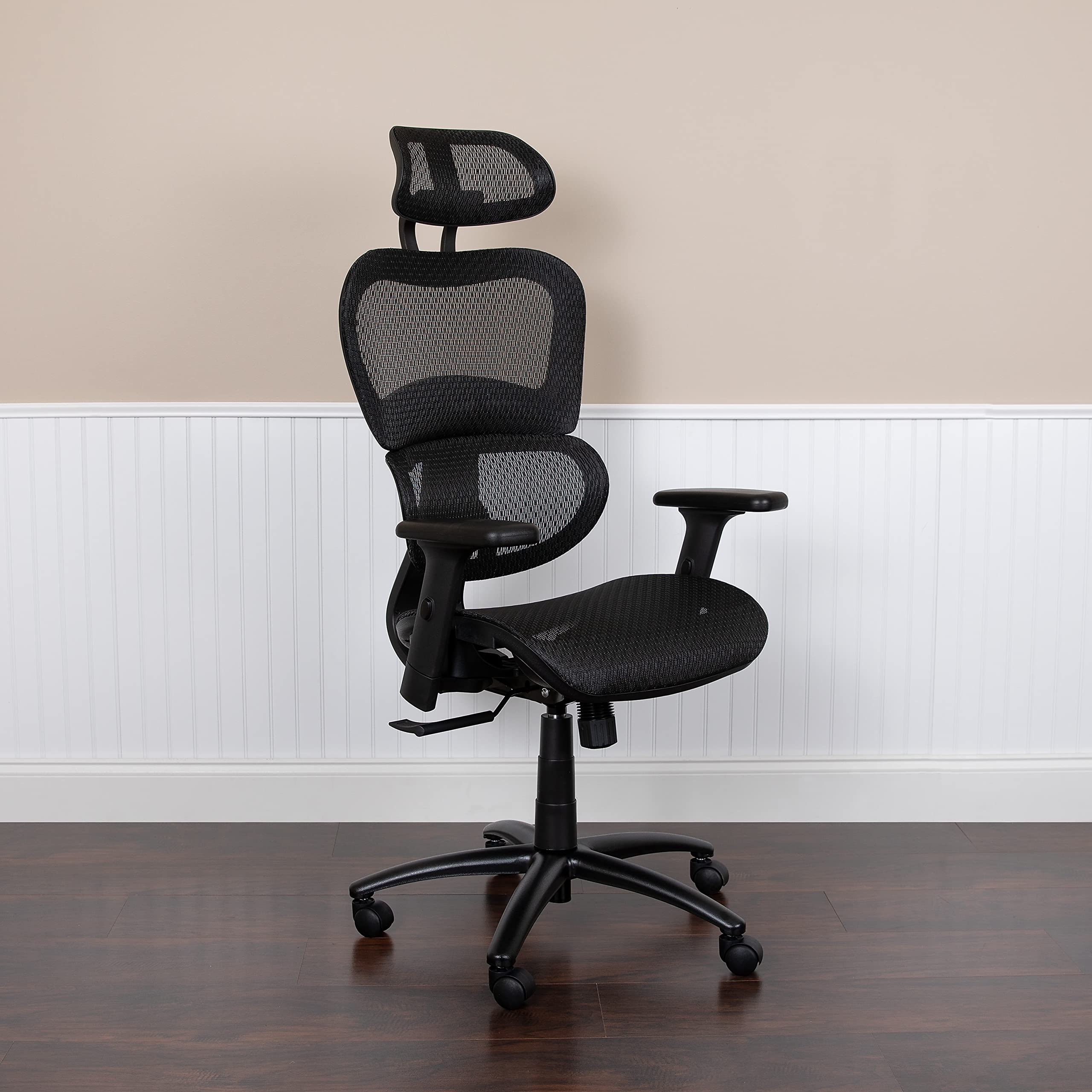 Flash Furniture Lo Ergonomic Mesh Office Chair With 2-To-1 Synchro-Tilt, Adjustable Headrest, Lumbar Support, And Adjustable Pivot Arms In Black
