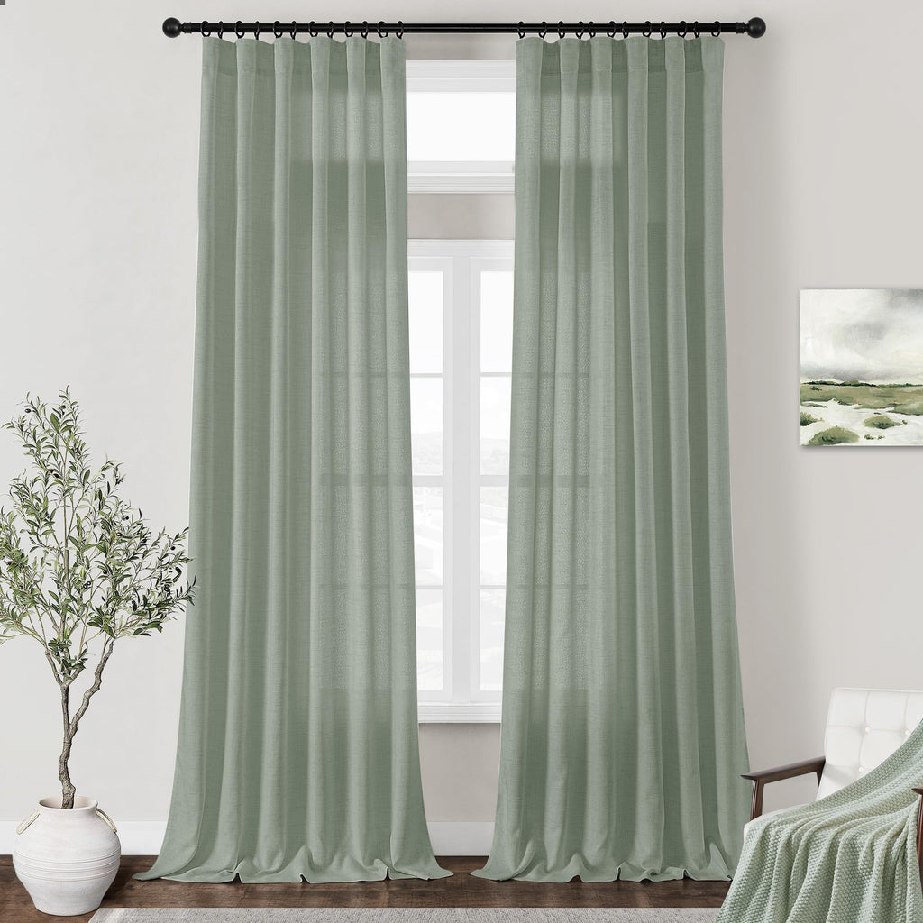 Dukiyo Sage Green Linen Curtains 132 Inch Length 2 Panels For High Living Room Semi Sheer Light Filtering Extra Long 132 Inch Cu