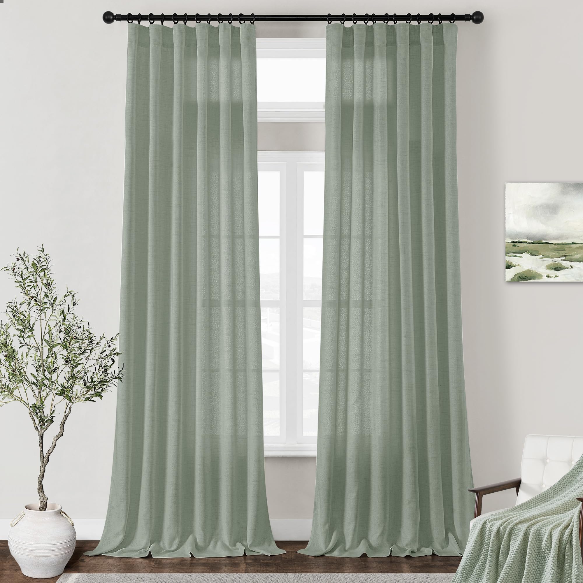 Dukiyo Sage Green Linen Curtains 132 Inch Length 2 Panels For High Living Room Semi Sheer Light Filtering Extra Long 132 Inch Cu