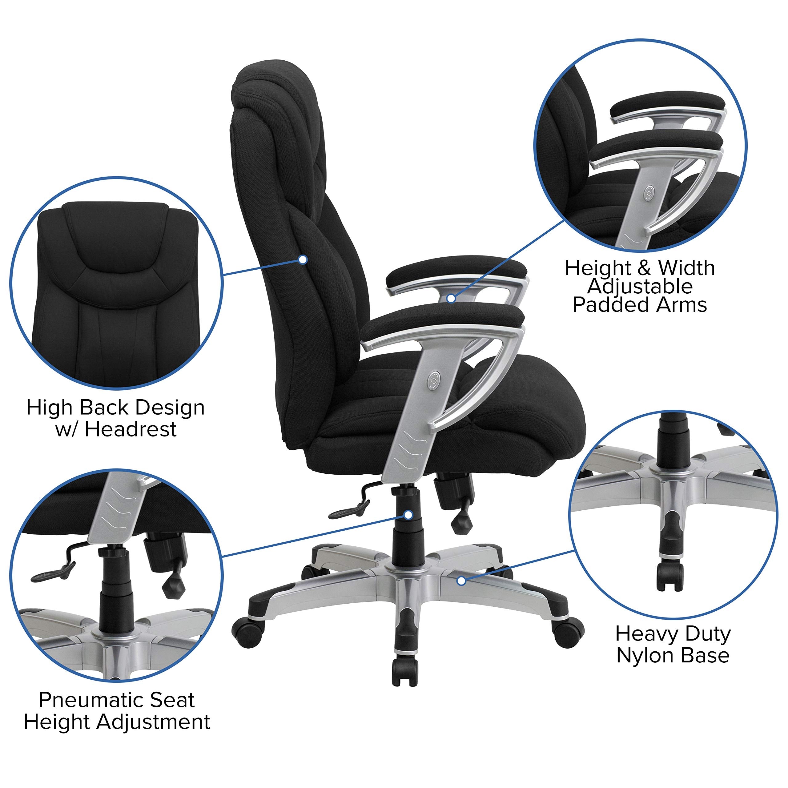 Flash Furniture HERCULES Series Big & Tall 400 lb. Rated Black Fabric Executive Ergonomic Office Chair with Silver Adjustable Arms
