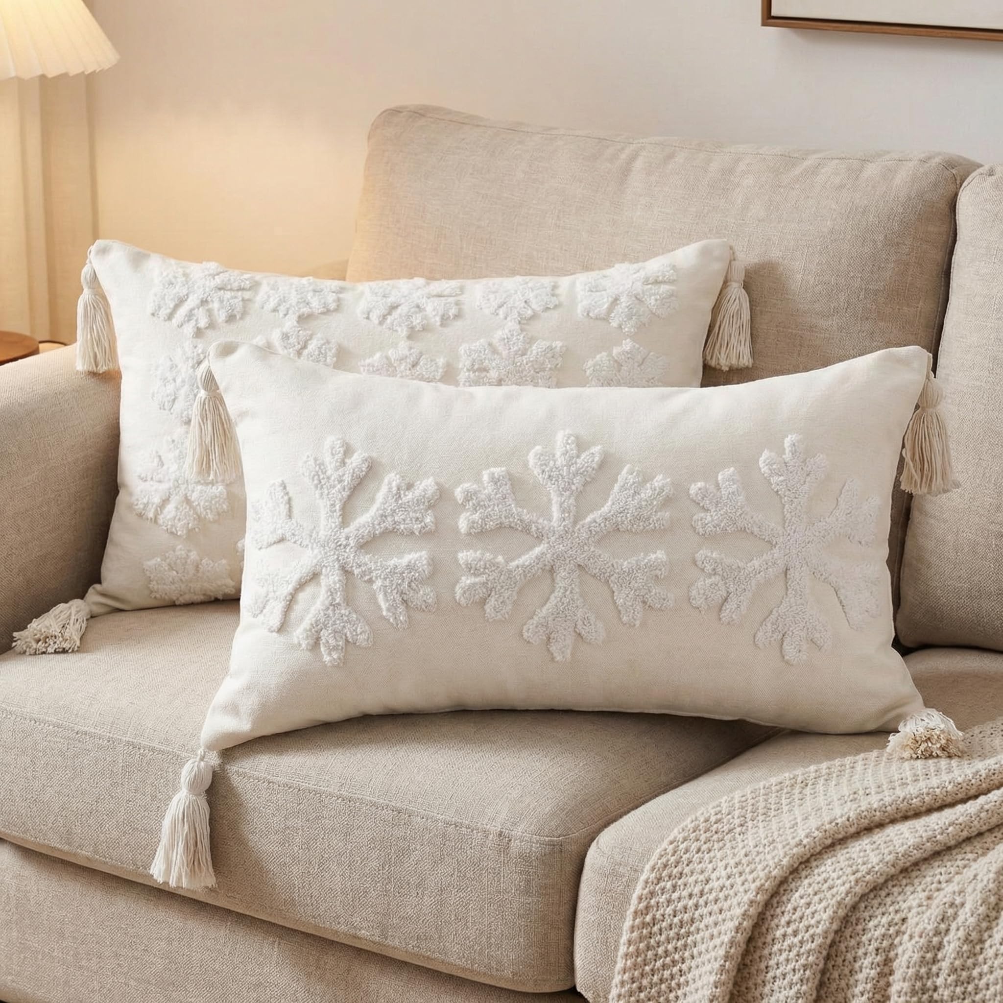FuWeave 2 Pcs Snowflakes Pillows Covers with Tassels 12 x 20 Winter Pillow Covers Embroidered Winter Cotton Tufted Lumbar Pillow