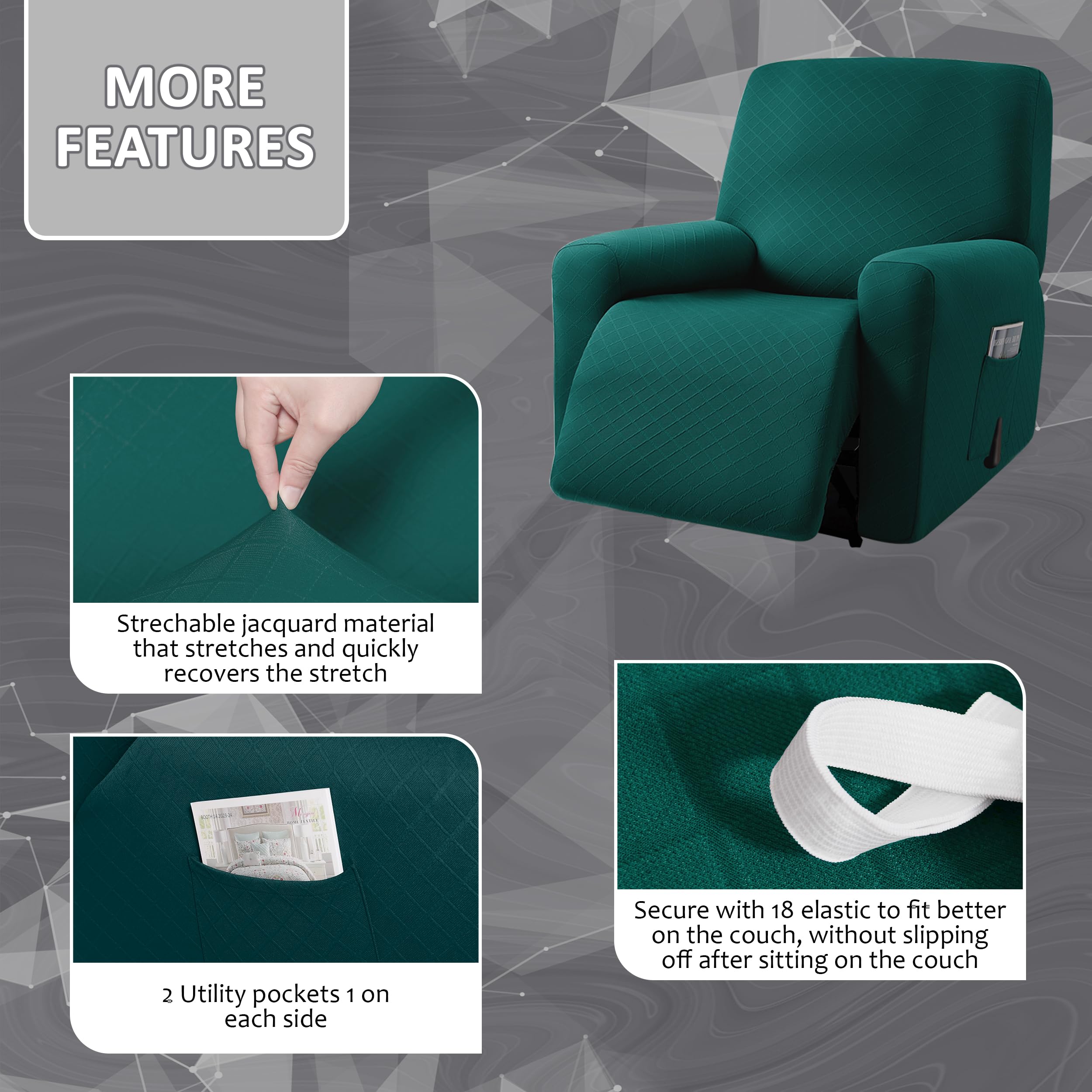 Ulticor Squared Jacquard Design, 4-Piece, 1 Seat Recliner Cover, Reclining Chair Covers For 1 Cushion Reclining Sofa, Single Sea