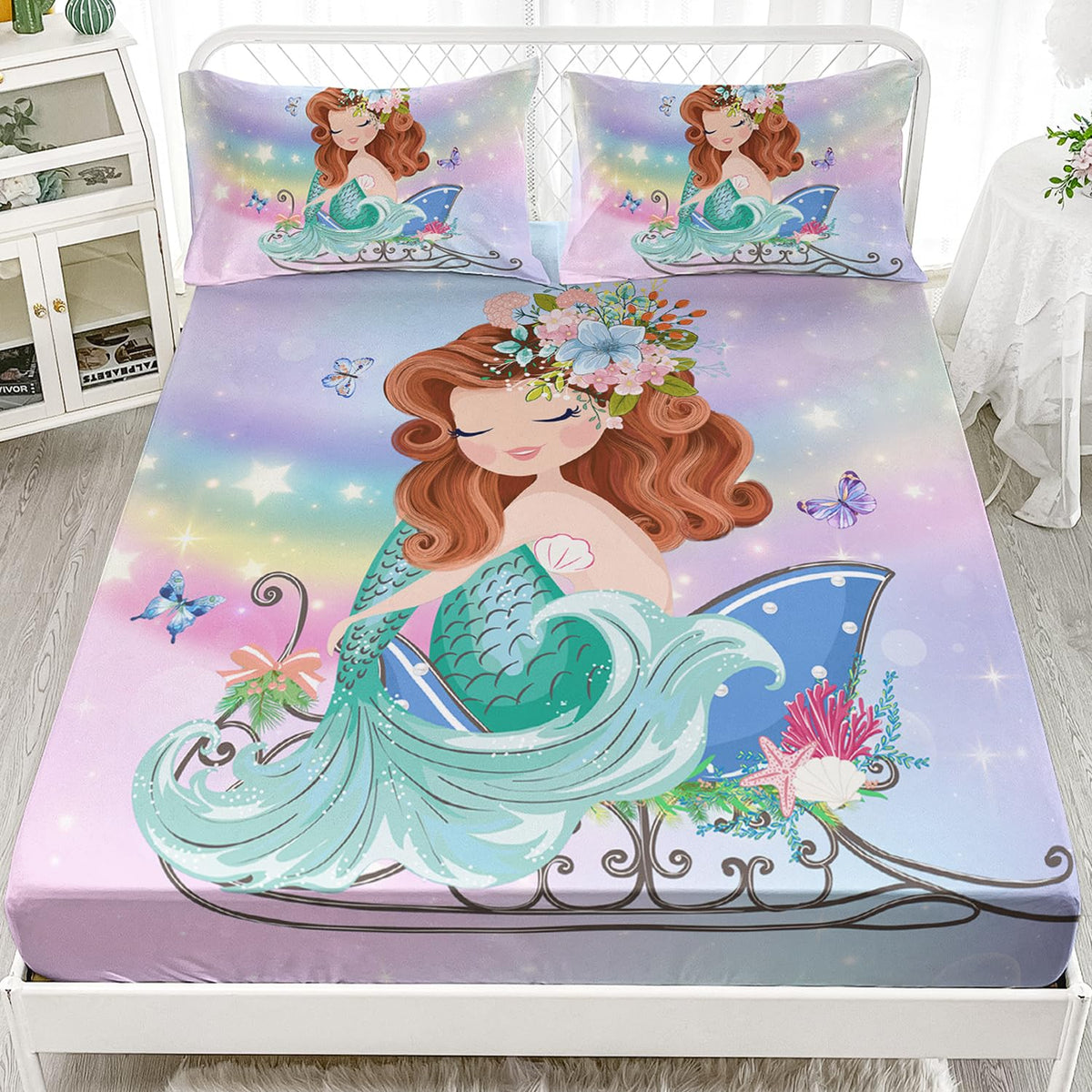 Ailonen Beautiful Mermaid Sheets For Girls Kids Boys Twin Size, Green Mermaid And Butterfly Flower Theme Bedding Sheets Set,Pink