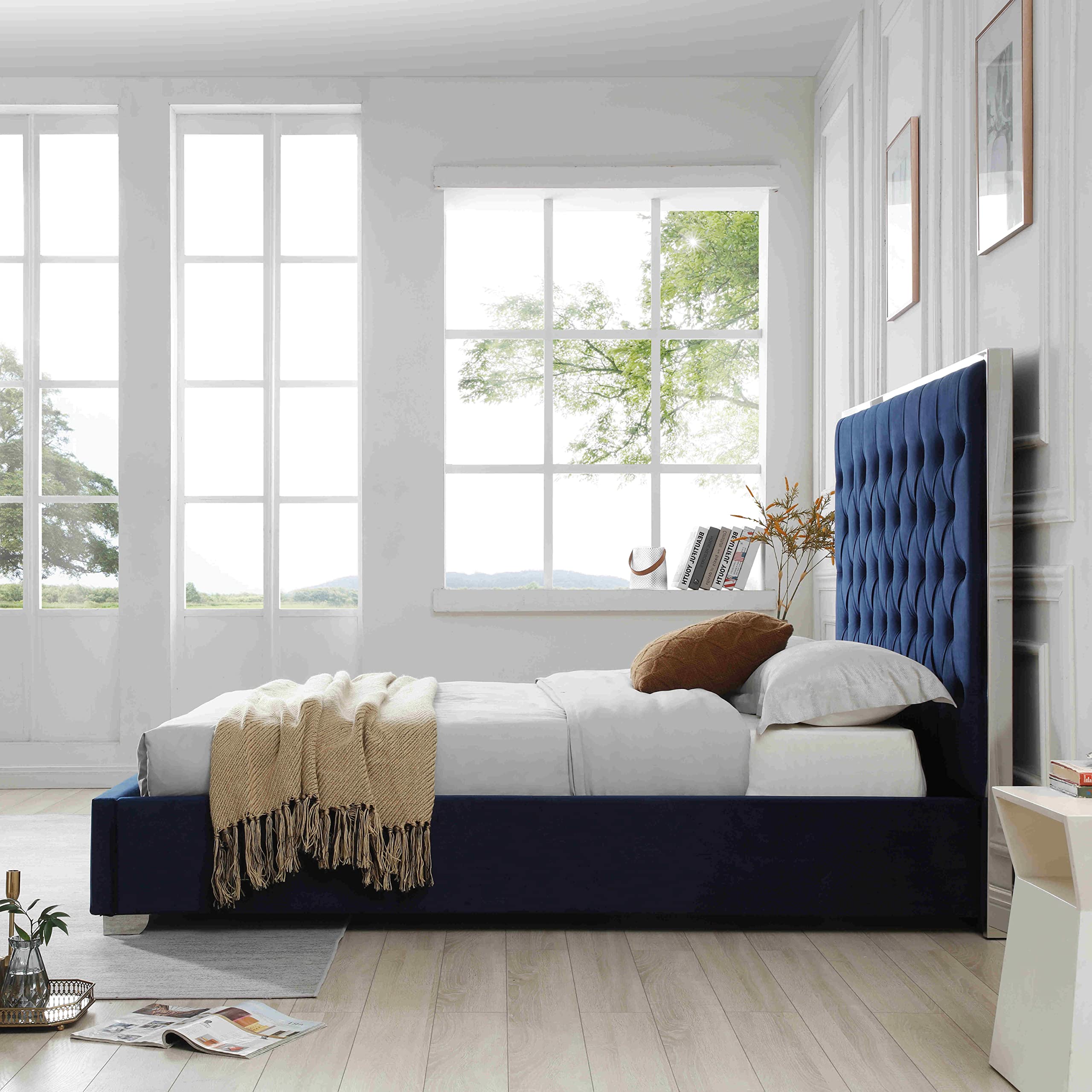 Woodpeckers Furniture And Mattress Sophia Velvet Queen Bed with Silver Metal Frame (Blue)