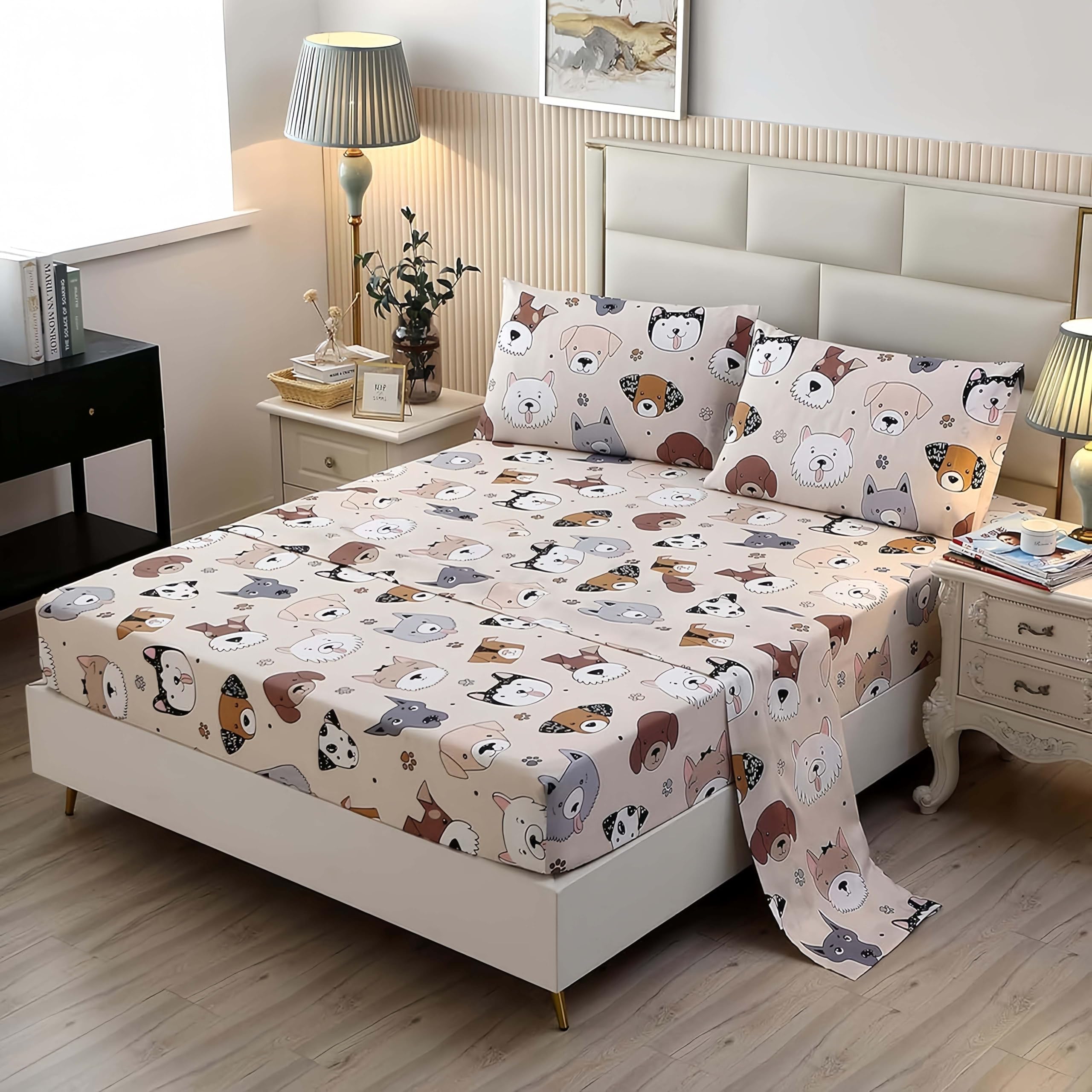 SDY 4PCS Dog Bedding Sheets Set Twin Size, Cute Puppy Pattern Fitted Sheet Sets with Deep Pocket, Kawaii Bedroom Decor for Kids,