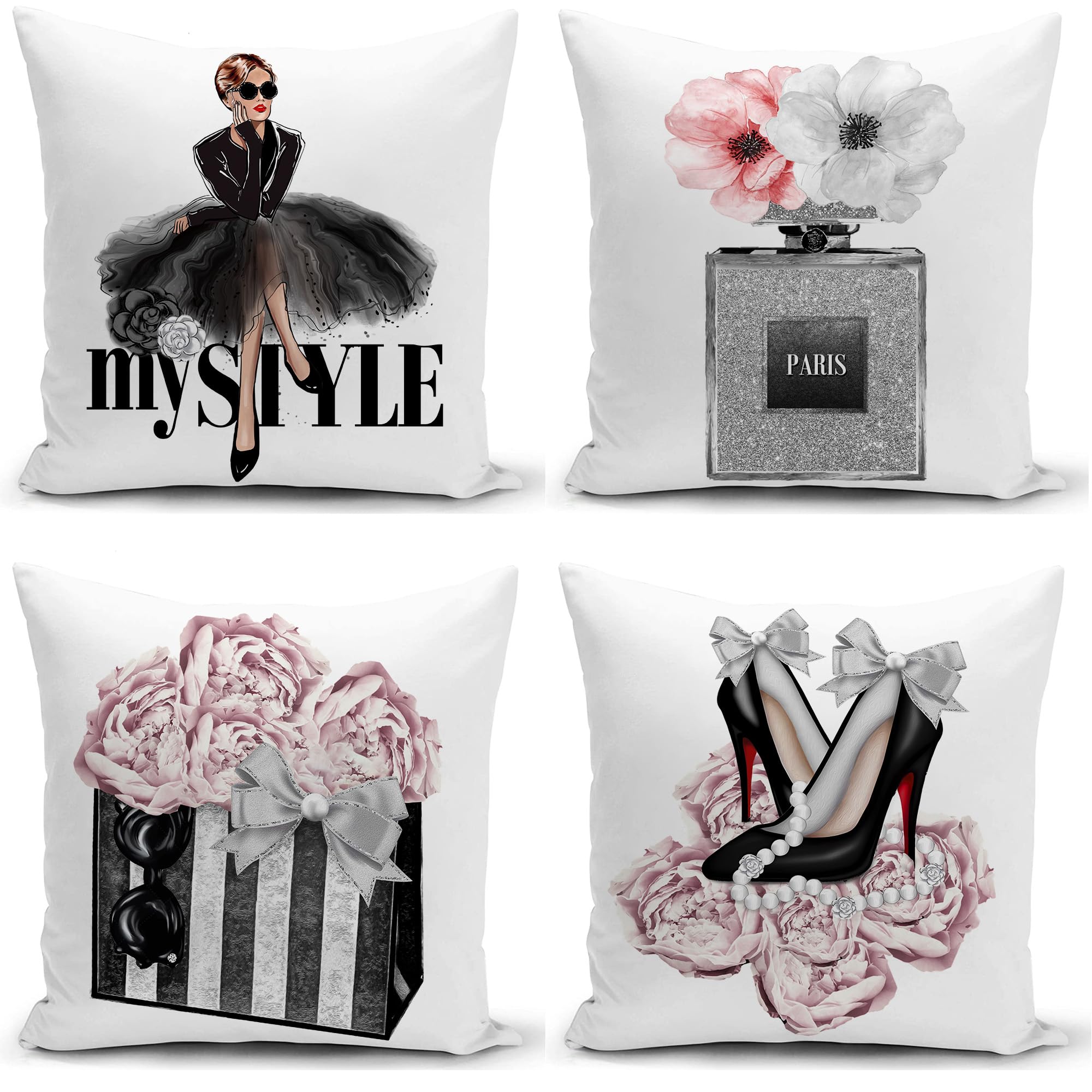 Hsinya Set Of 4 18X18 Pink Throw Pillow Covers Couch Bed Decorative Pillow Covers Fashion Girls Silver Perfume Flowers Cute Acce