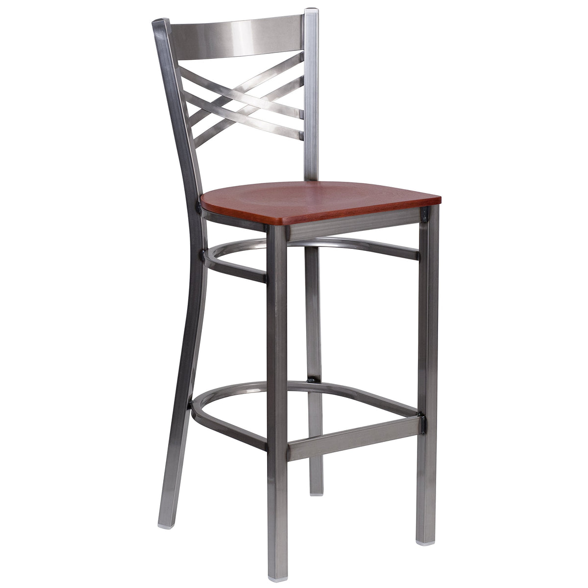 Flash Furniture Hercules Series Clear Coated ''X'' Back Metal Restaurant Barstool - Cherry Wood Seat