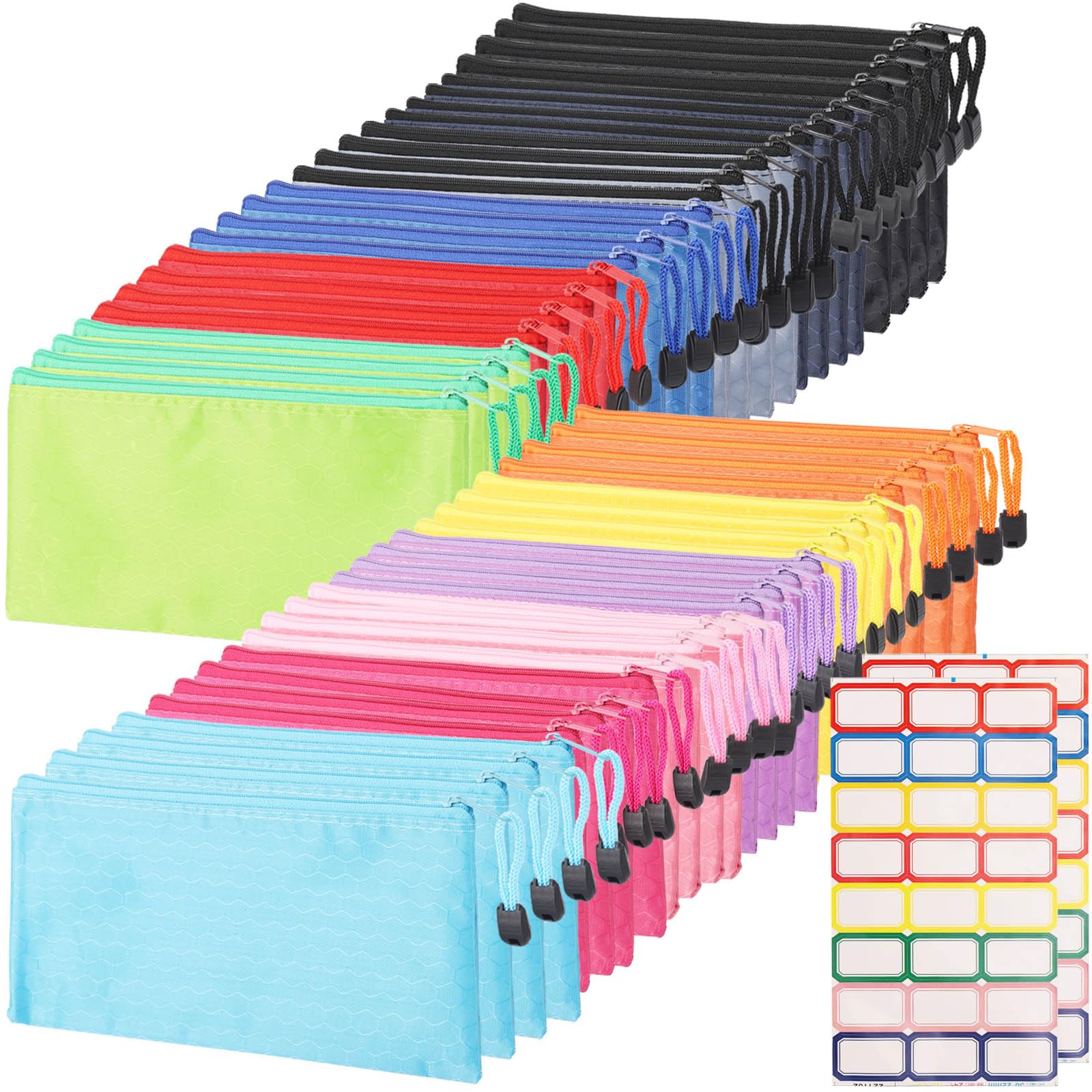 Tecbeauty 48Pcs Zipper Pouch With Labels, Waterproof Pencil Storage Bags For Office Supplies Travel Accessories, A6 Size, 12 Col