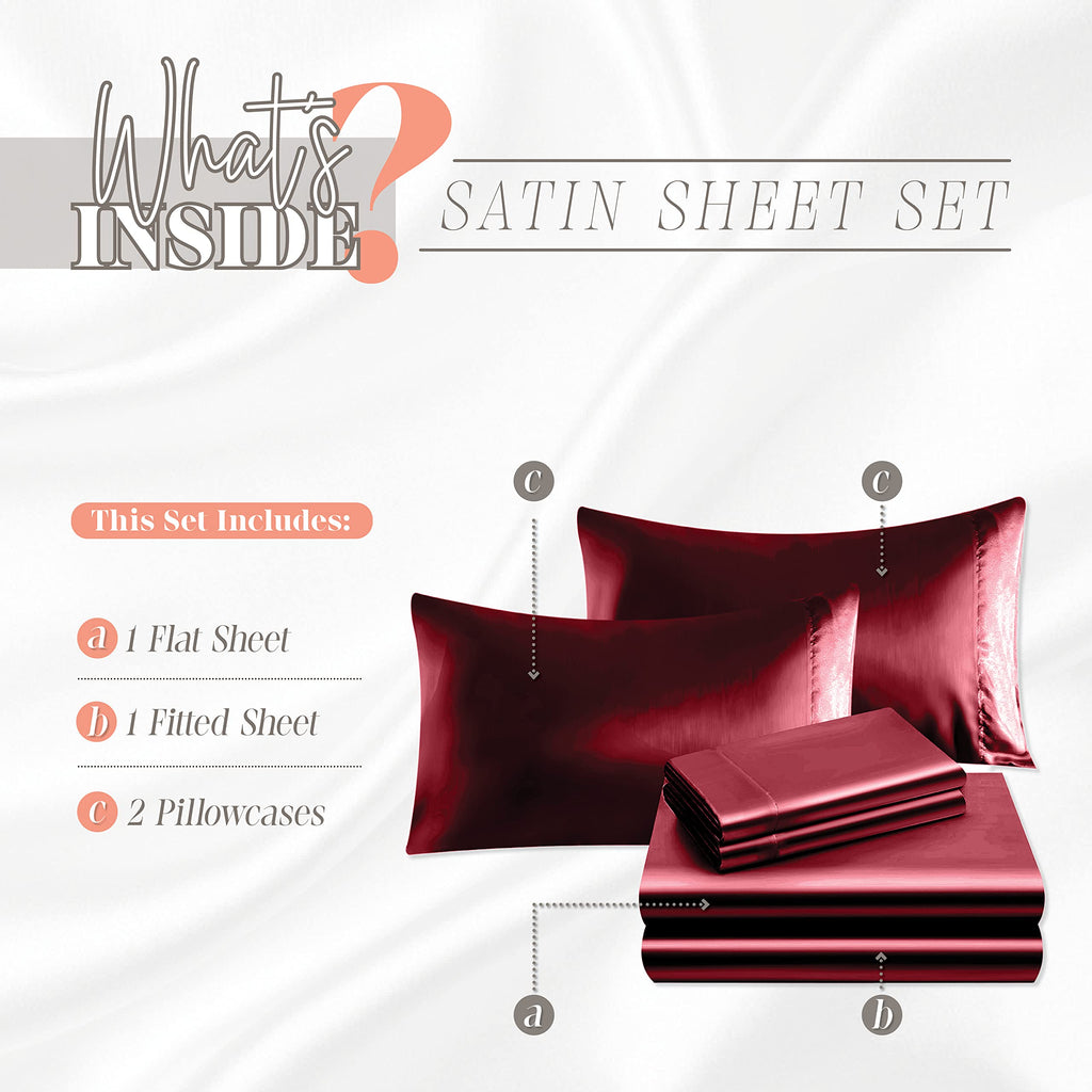 Elegant Comfort Luxurious 4-Piece Silky Satin Sheet Set, Skin And Hair Friendly, Wrinkle, Fade, Stain Resistant With Deep Pockets Fitted Sheet, Cooling Soft Satin Sheet Set, Full, Burgundy