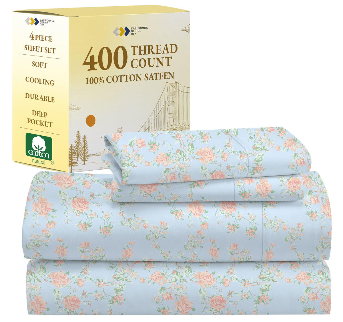 California Design Den Floral Sheets For Full Size Bed - 100% Cotton Sheets Set, Luxury 400 Thread Count Sateen, Deep Pocket Full