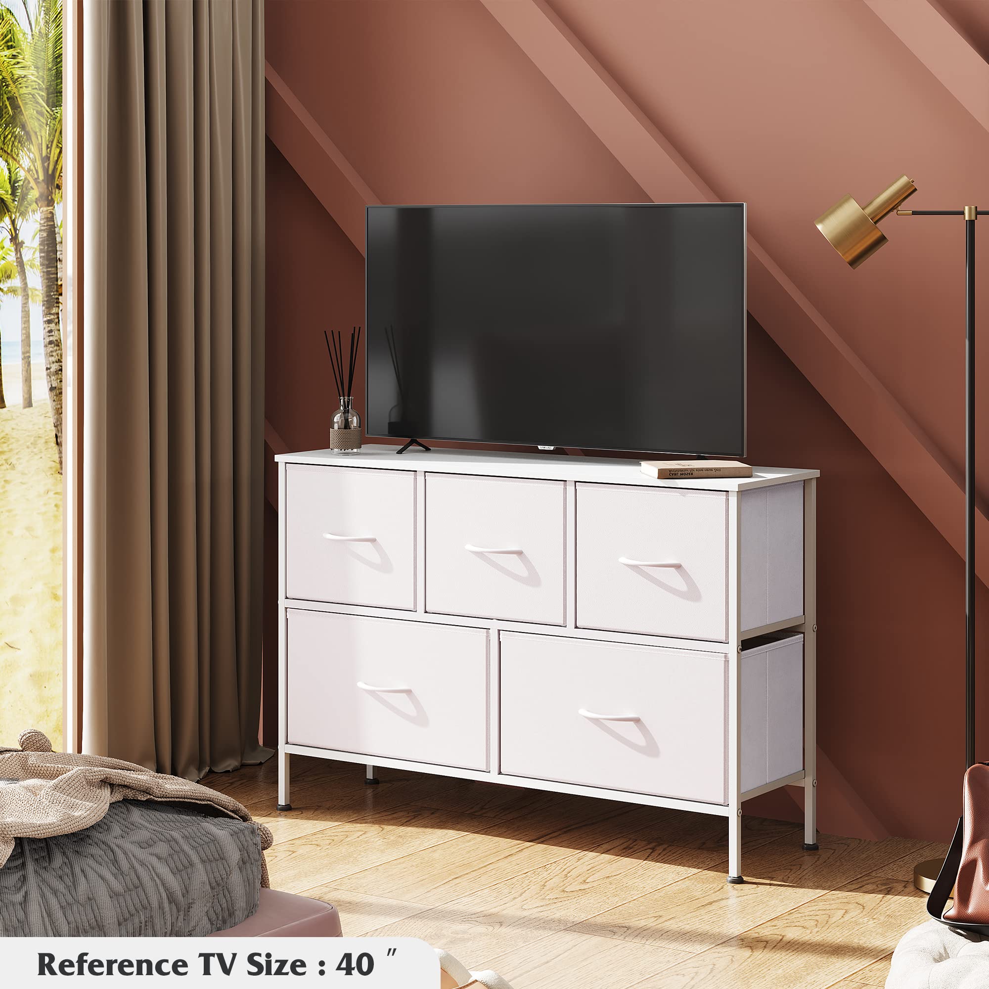 Wlive Dresser With 5 Drawers, Dressers For Bedroom, Fabric Storage Tower, Hallway, Entryway, Closets, Sturdy Steel Frame, Wood Top, Easy Pull Handle (White)