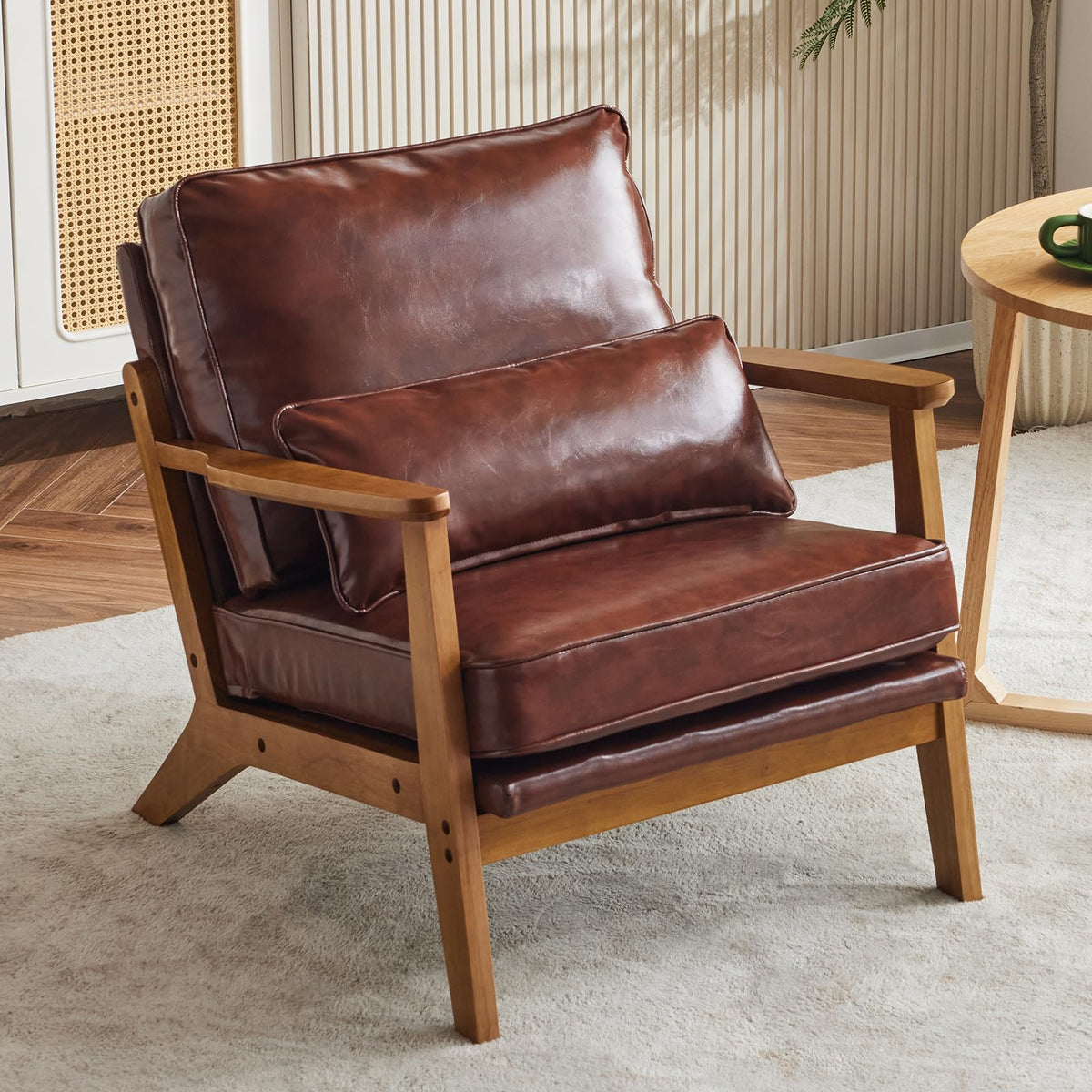 Karl Home Accent Chair Wide Armrest Mid-Century Lounge Chair Pu Leather Armchair With Lumbar Pillow & Solid Wood Frame For Livin