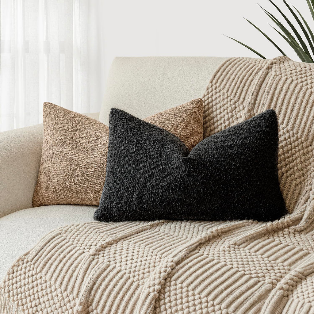 Foindtower Decorative Textured Boucle Throw Pillow Covers Accent Solid Lumbar Pillow Cases Neutral Soft Cozy Couch Cushion Case