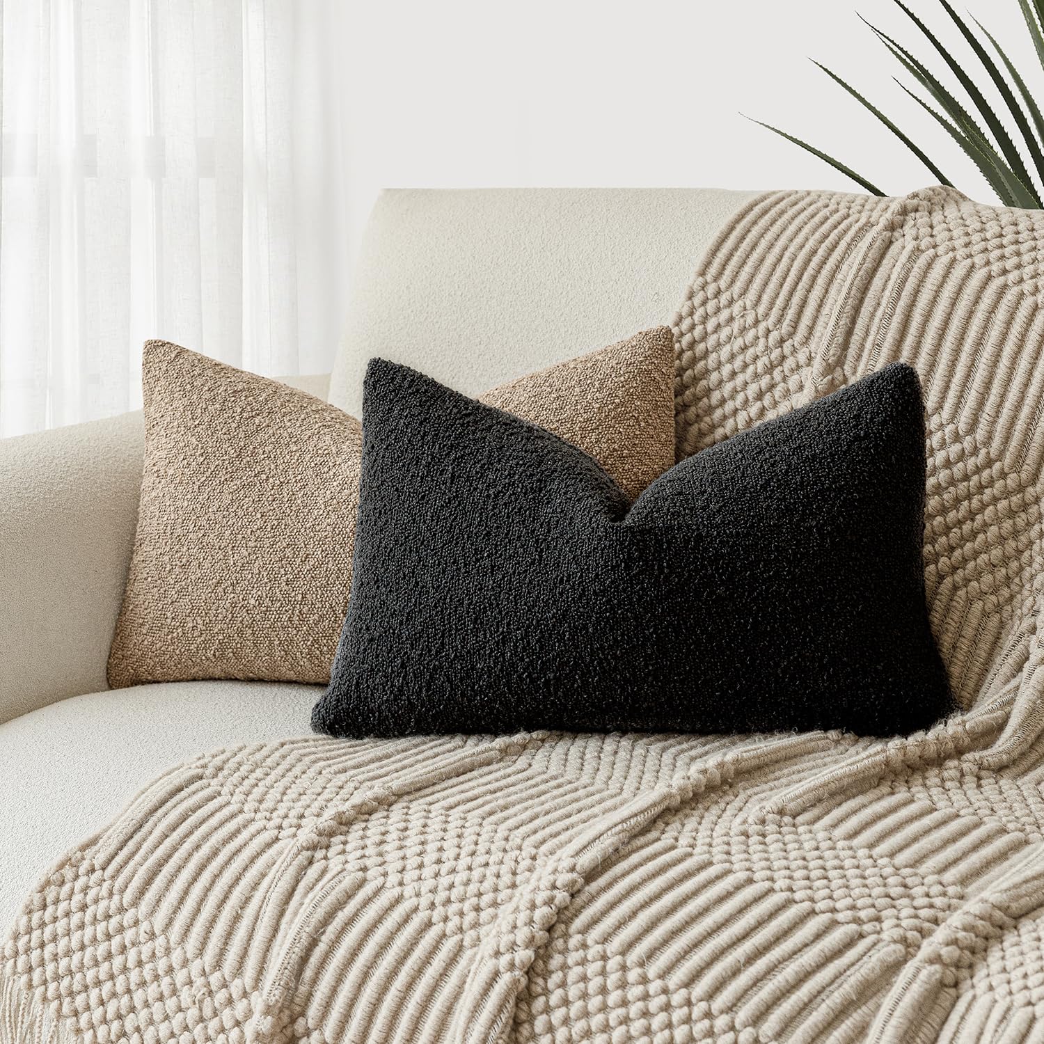 Foindtower Decorative Textured Boucle Throw Pillow Covers Accent Solid Lumbar Pillow Cases Neutral Soft Cozy Couch Cushion Case