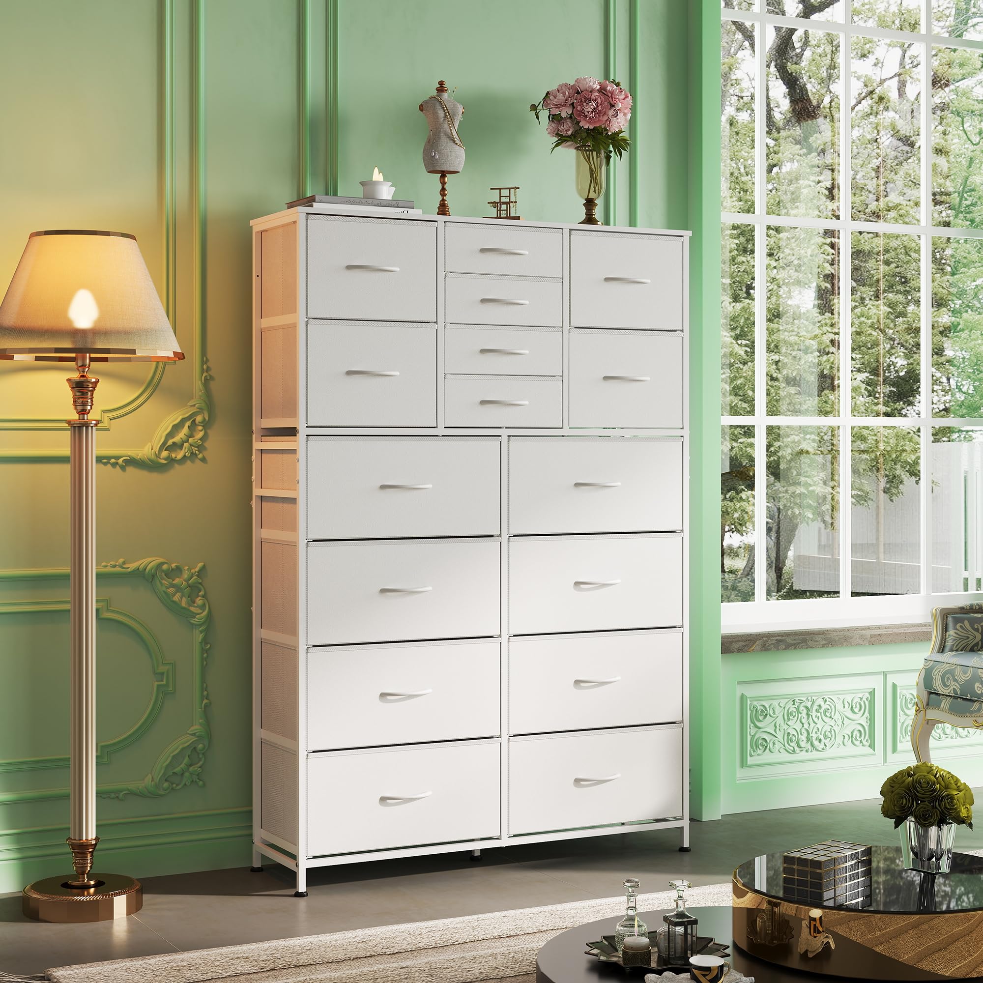 Wlive Tall Dresser For Bedroom, Fabric Dresser Storage Tower With 16 Drawers, Chest Of Drawers Organizer Unit, Storage Cabinet, Hallway, Closets, Steel Frame, White