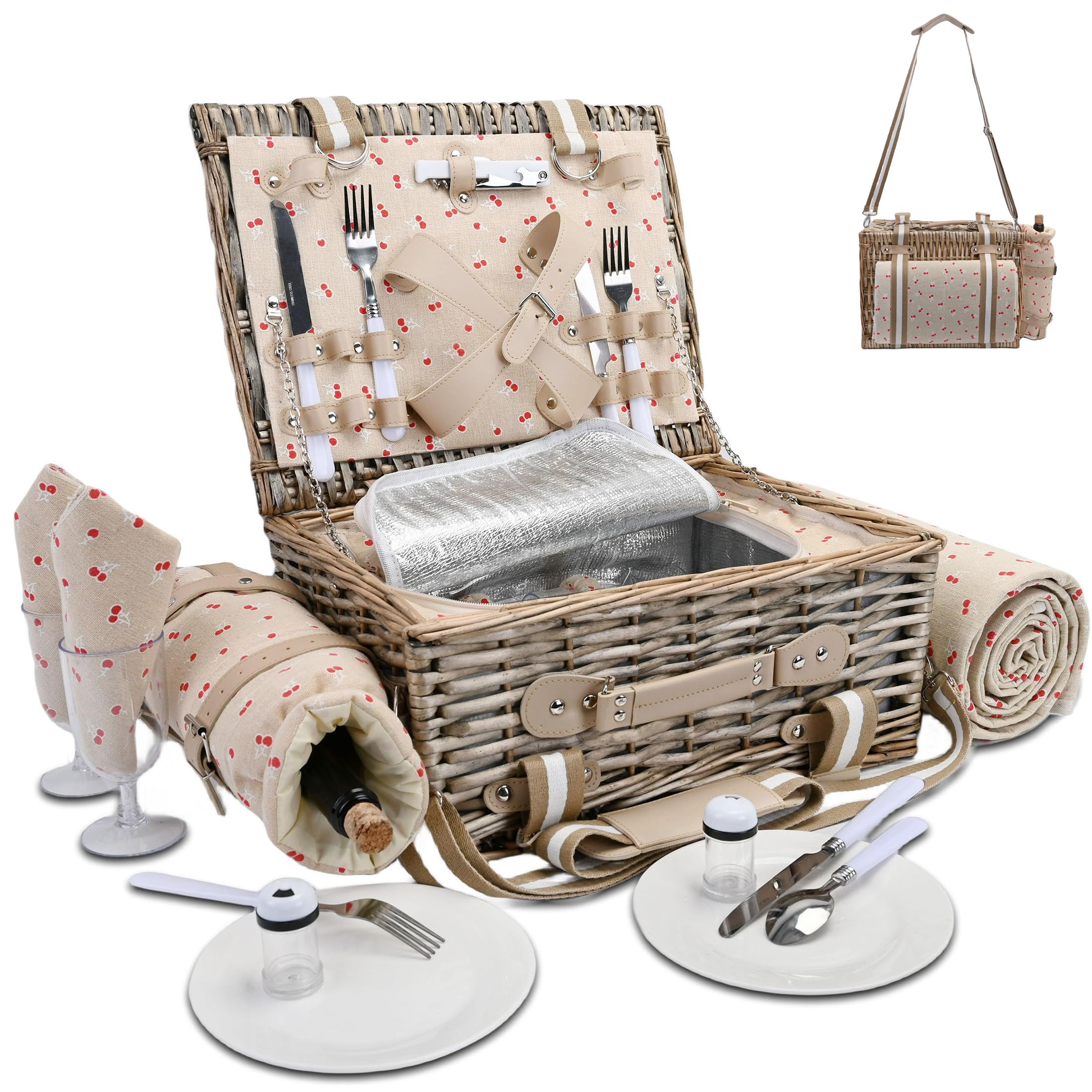 31Pcs Picnic Basket Set For 4 With Insulated Liner And Waterproof Blanket Wine Pouch, Large Wicker Picnic Hamper For Camping,Out