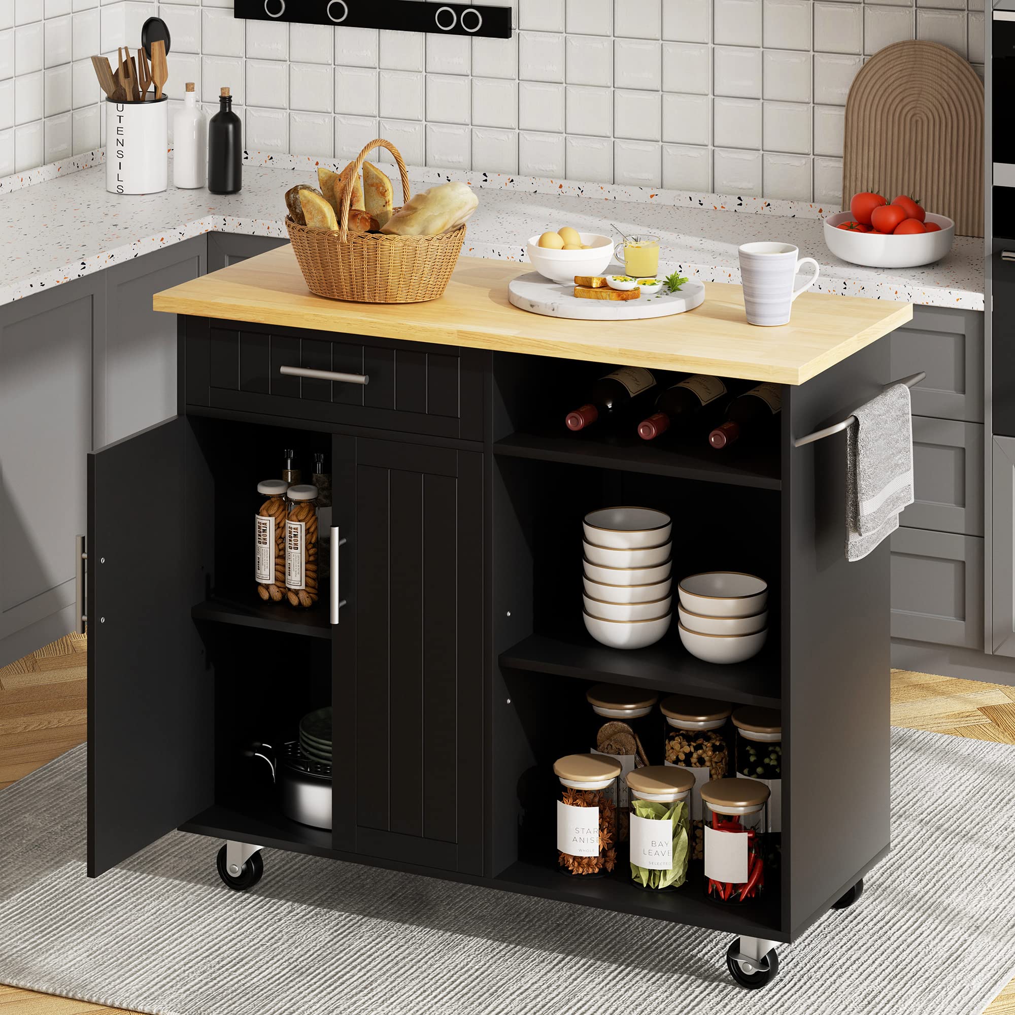 Sunlei Kitchen Island On Wheels With Storage Cabinet & Drawer, 42' Multifunction Kitchen Cart Cabinet With Shelves, Cart Handle
