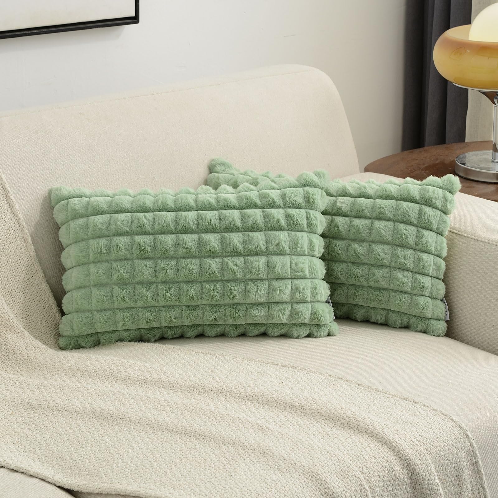 Futei Sage Green Decorative Throw Pillow Covers 12X20 Inch Set Of 2, Rectangle Lumbar Pillowcase,Fluffy Faux Rabbit Fur Plaid &
