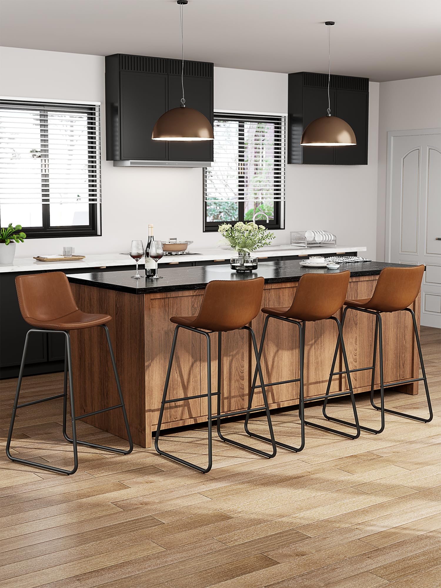 Aowos Bar Stools Set of 4, 30 Inches Counter Height Bar Stools with Back, Modern Faux Leather Barstools with Metal Legs and Foot