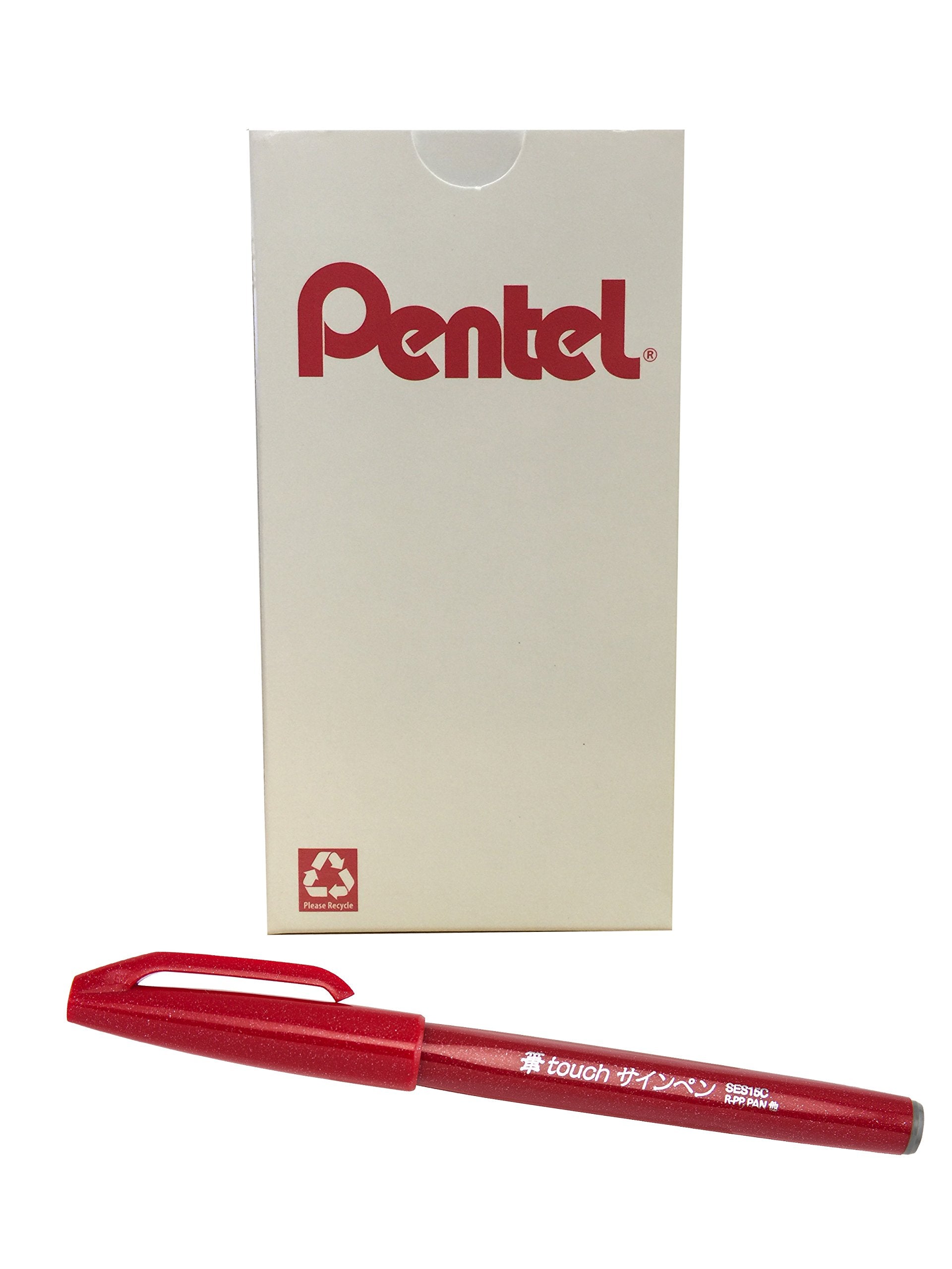 Pentel Arts Sign Pen Touch, Fude Brush Tip, Red Ink, Box Of 12 (Ses15C-B)