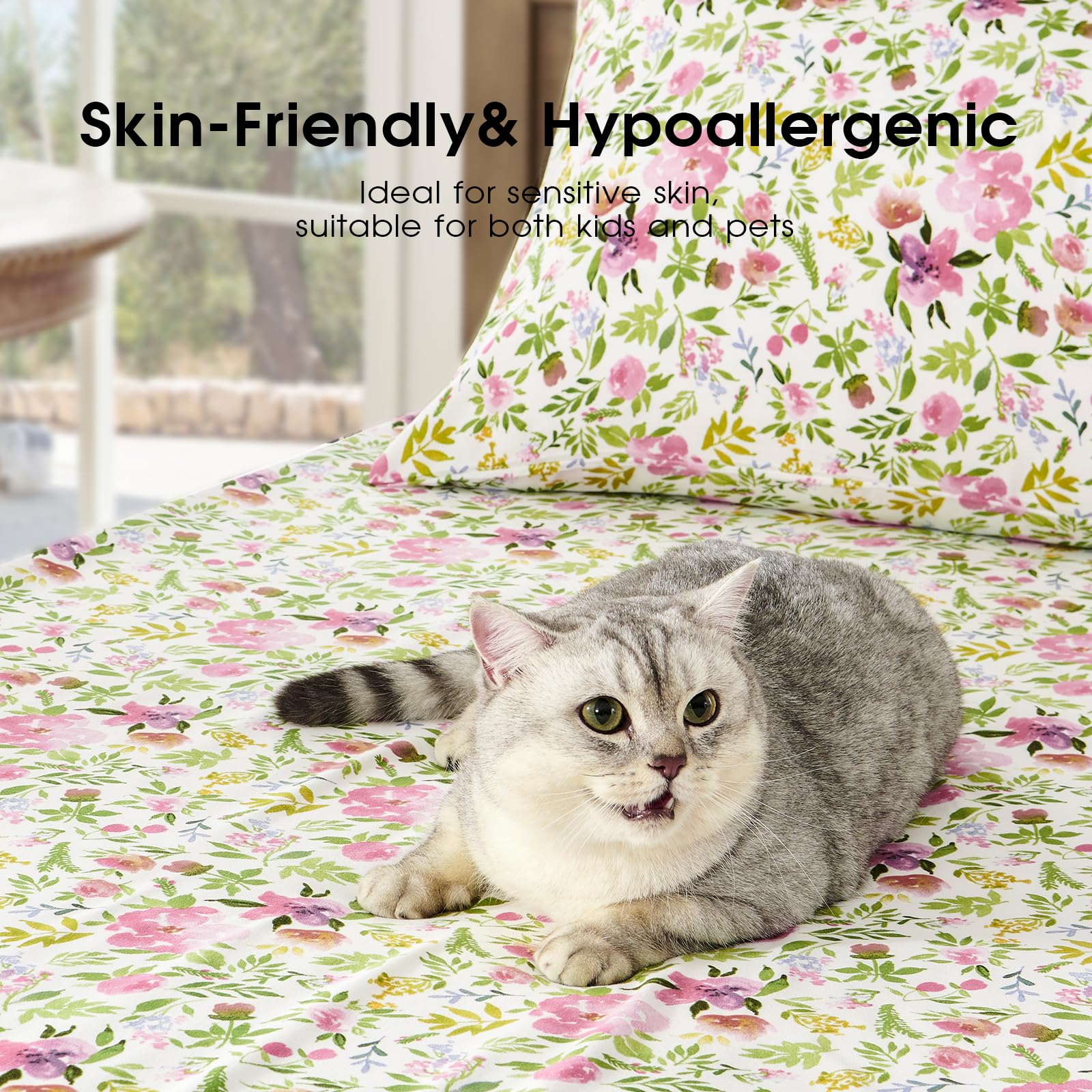 FreshCulture Floral Queen Bed Sheets - Ultra Soft Brushed Microfiber, Deep Pockets up to 16, Hotel Luxury 4 Piece Set, Aquarelle Design