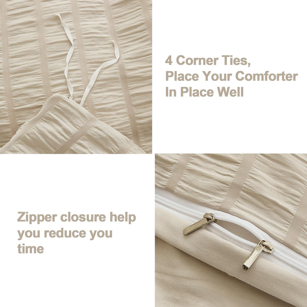 Avelom Beige Seersucker Duvet Cover Set King Size (104 X 90 Inches), 3 Pieces (1 Duvet Cover + 2 Pillow Cases), Ultra Soft Washed Microfiber, Textured Duvet Cover With Zipper Closure, Corner Ties