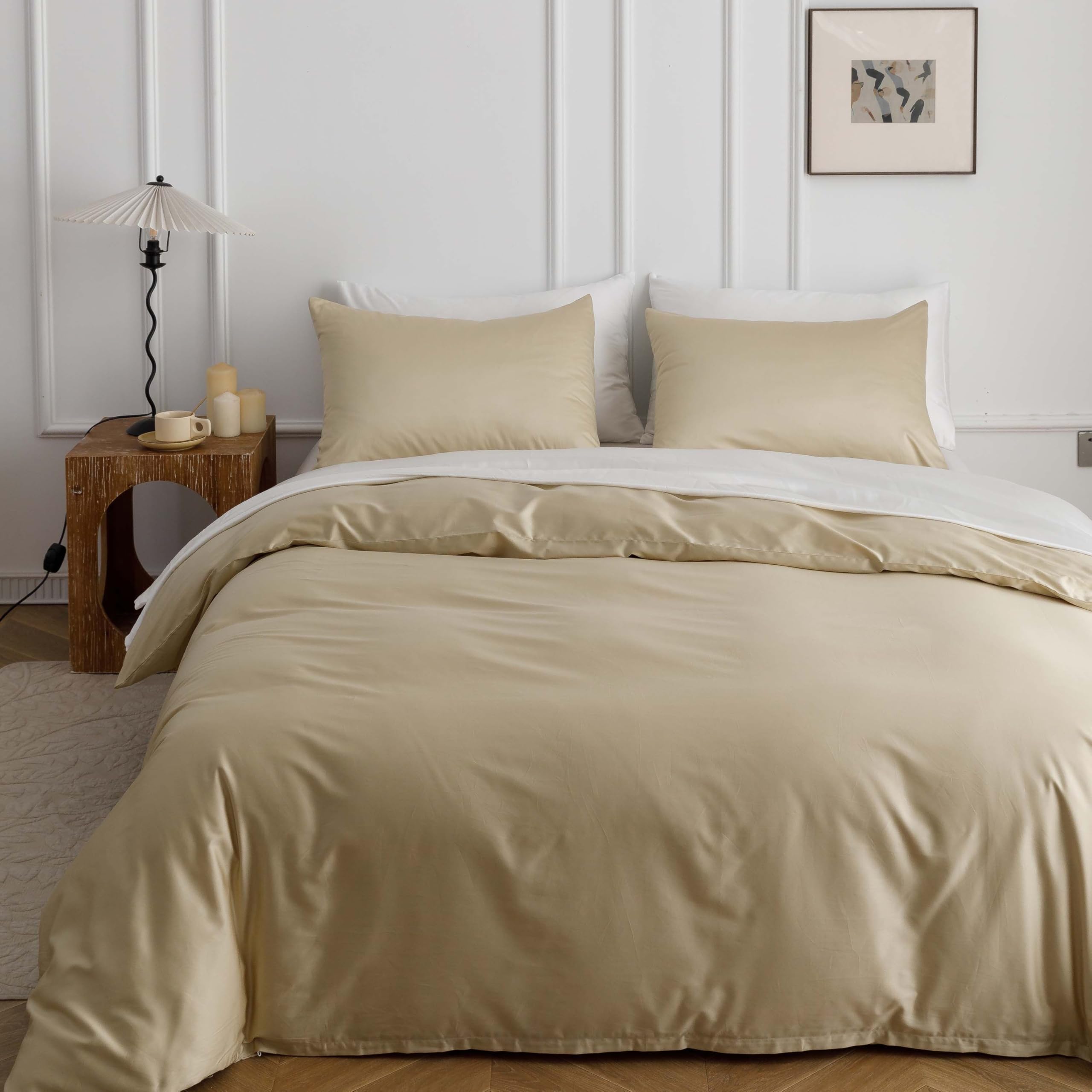 Heimenaogo Egyptian Cotton Duvet Cover Queen Size Sateen Weave, Silky Soft And Breathable Bedding Set With Zipper Closure, Long