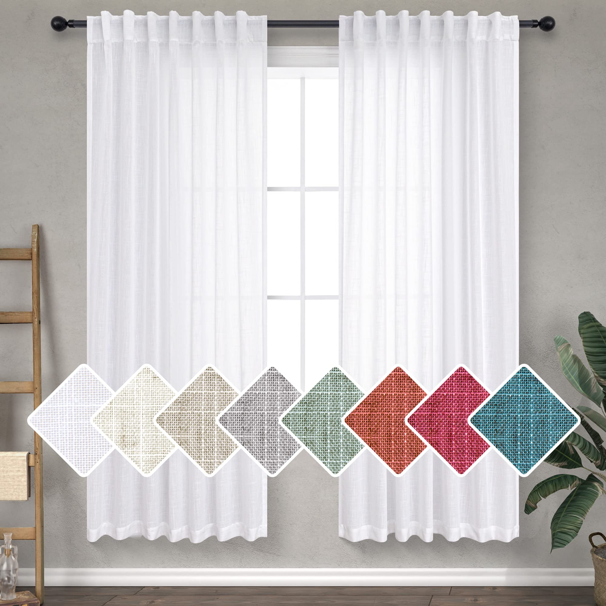 White Light Filtering Curtains 72 Inches Long For Living Room Back Tab Pocket Semi Sheer Privacy Linen Neutral Farmhouse Classic