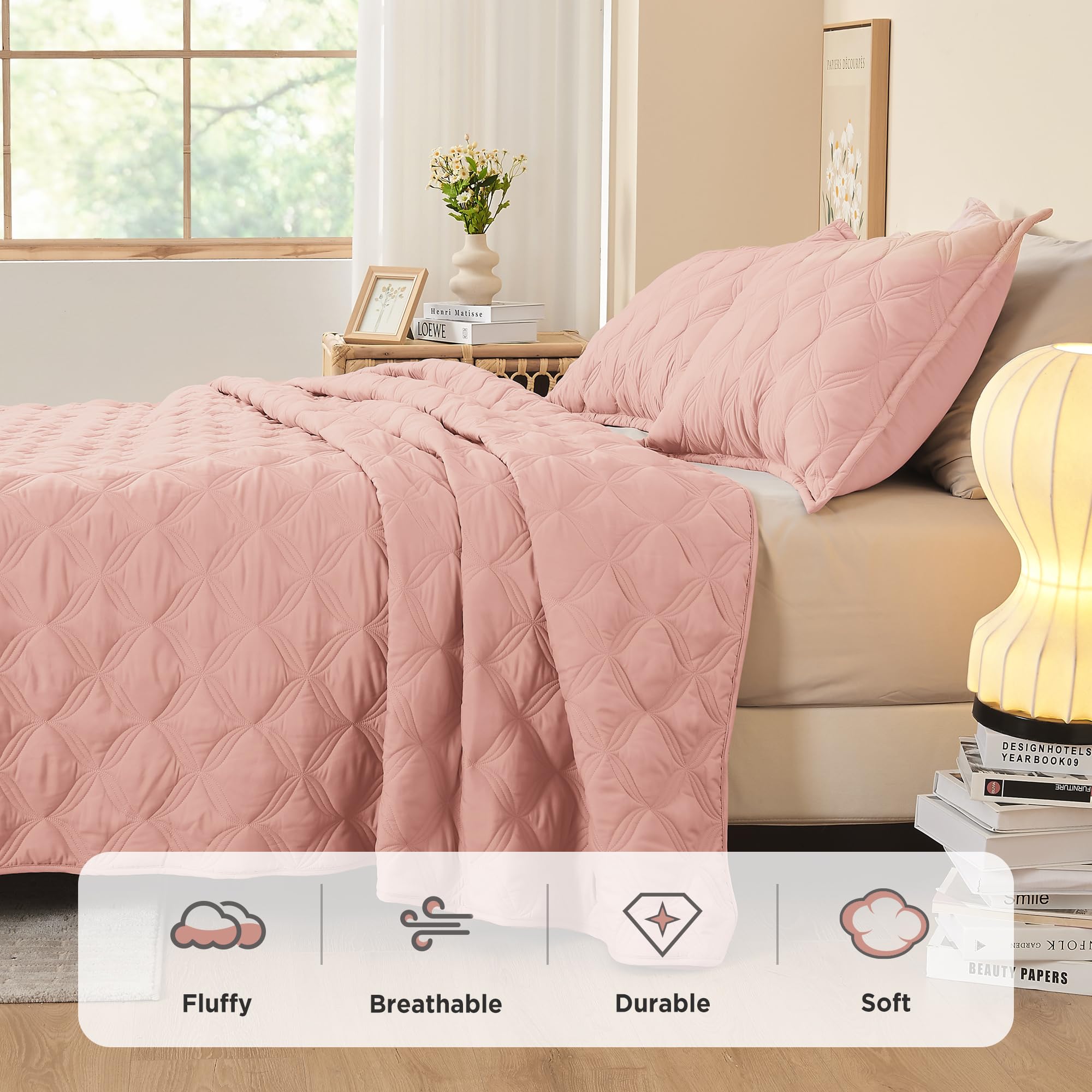 Litanika Queen Quilt Bedding Set, Blush Pink Summer Lightweight Soft Comforter Bedspreads & Coverlets, Boho Farmhouse Bedding Co