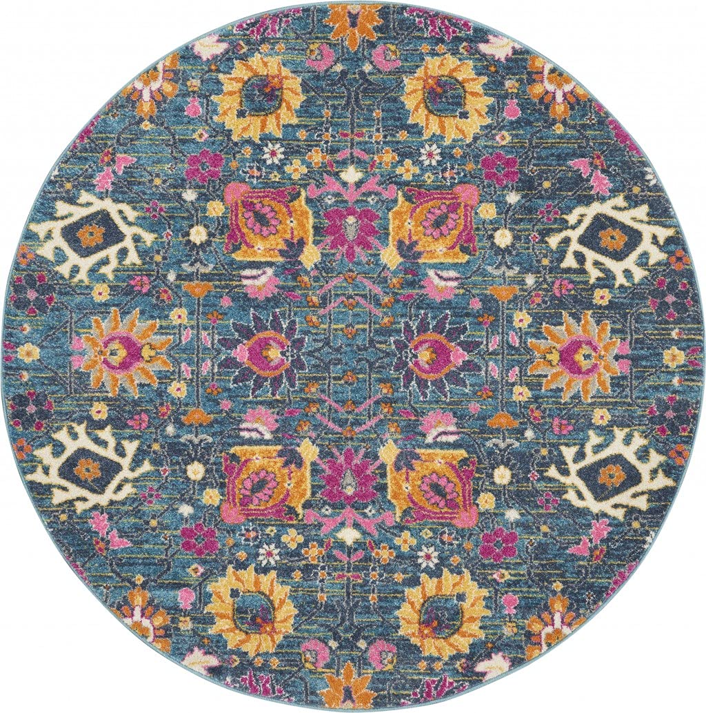 HomeRoots 100% Polypropylene 4’ Round Denim Blue Florals Distressed Area Rug