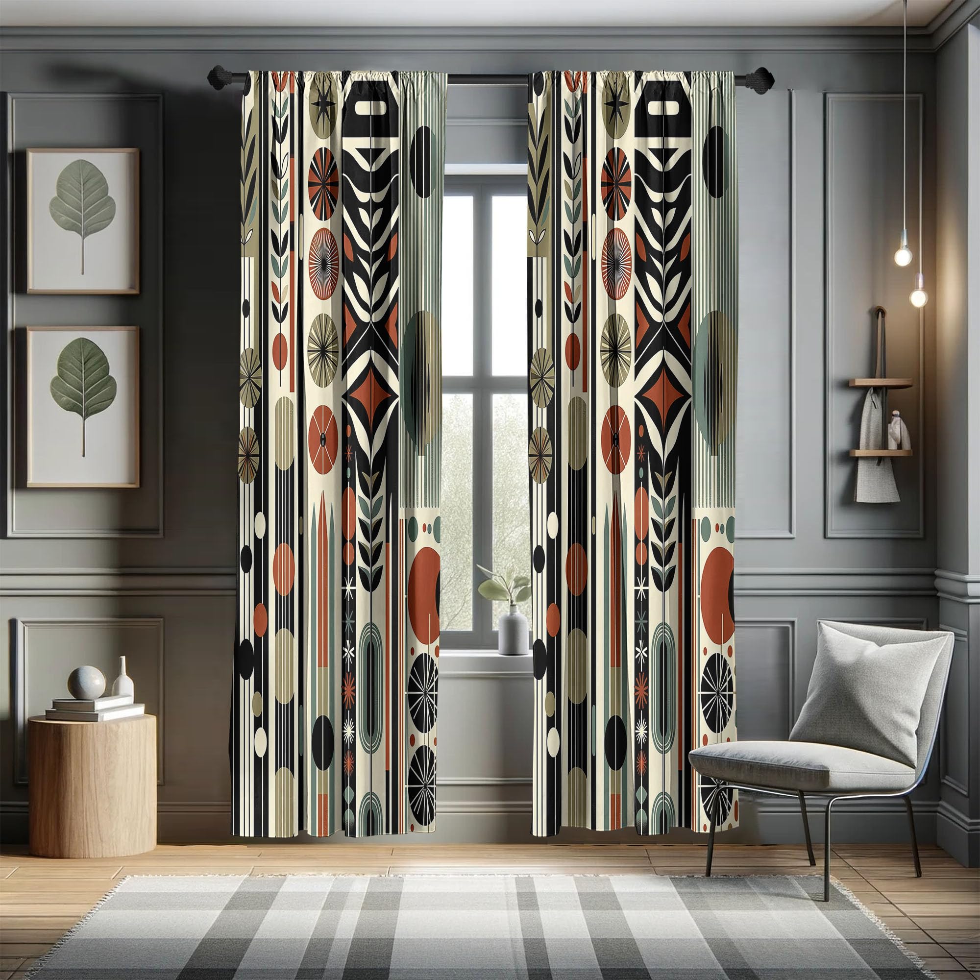 Ambesonne Bohemian Window Curtains Pack Of 2, Mid Century Modern Themed Circular Motifs Ovals And Stripes Geometric, Lightweight