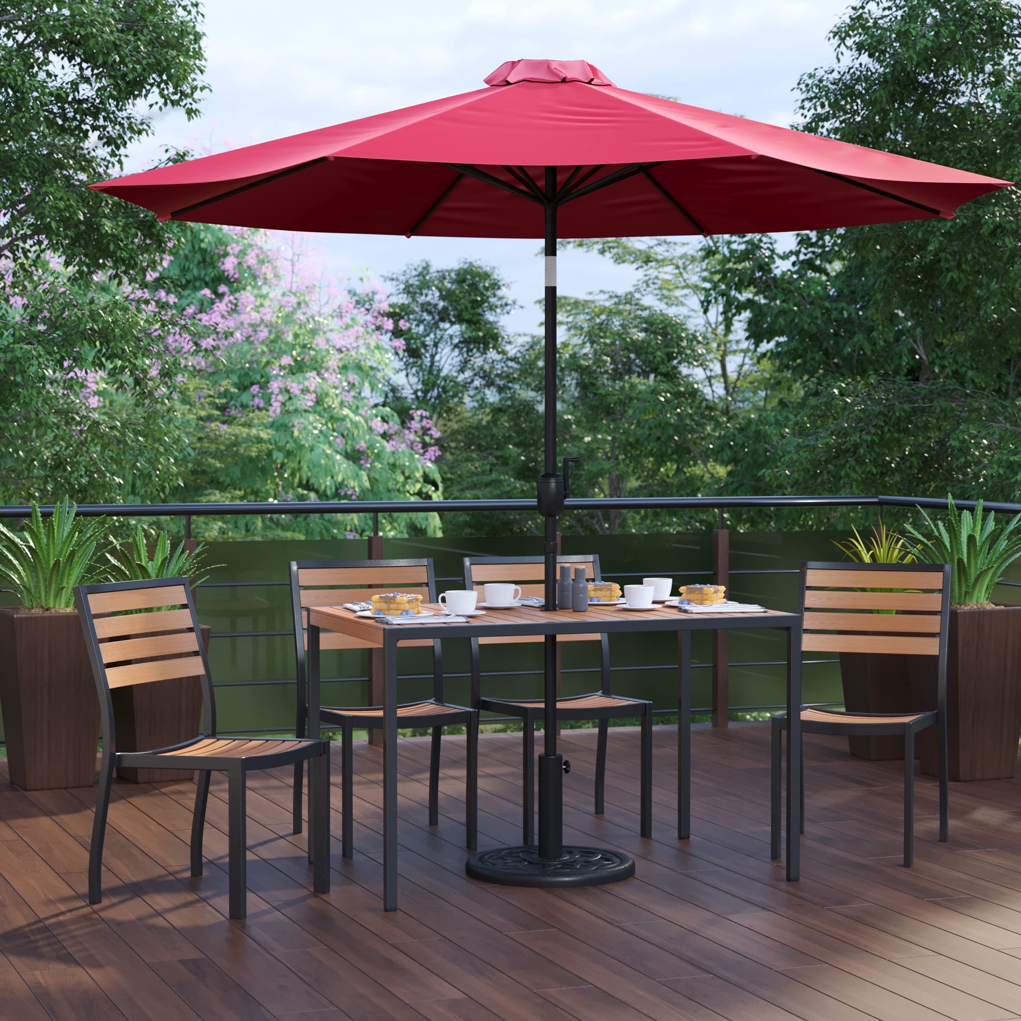 Flash Furniture Lark 7 Piece Patio Table Set - 4 Synthetic Stackable Faux Teak Chairs - 30&quot; x 48&quot; Faux Teak Table - Red Umbrella with Base