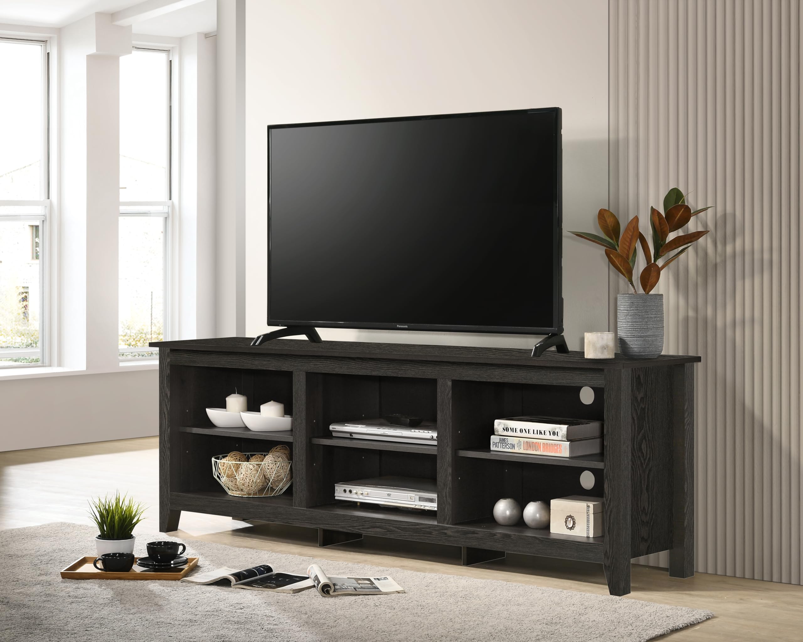 Lilola Home Benito Dark Gray 70" W TV Stand with Open Shelves and Cable Management