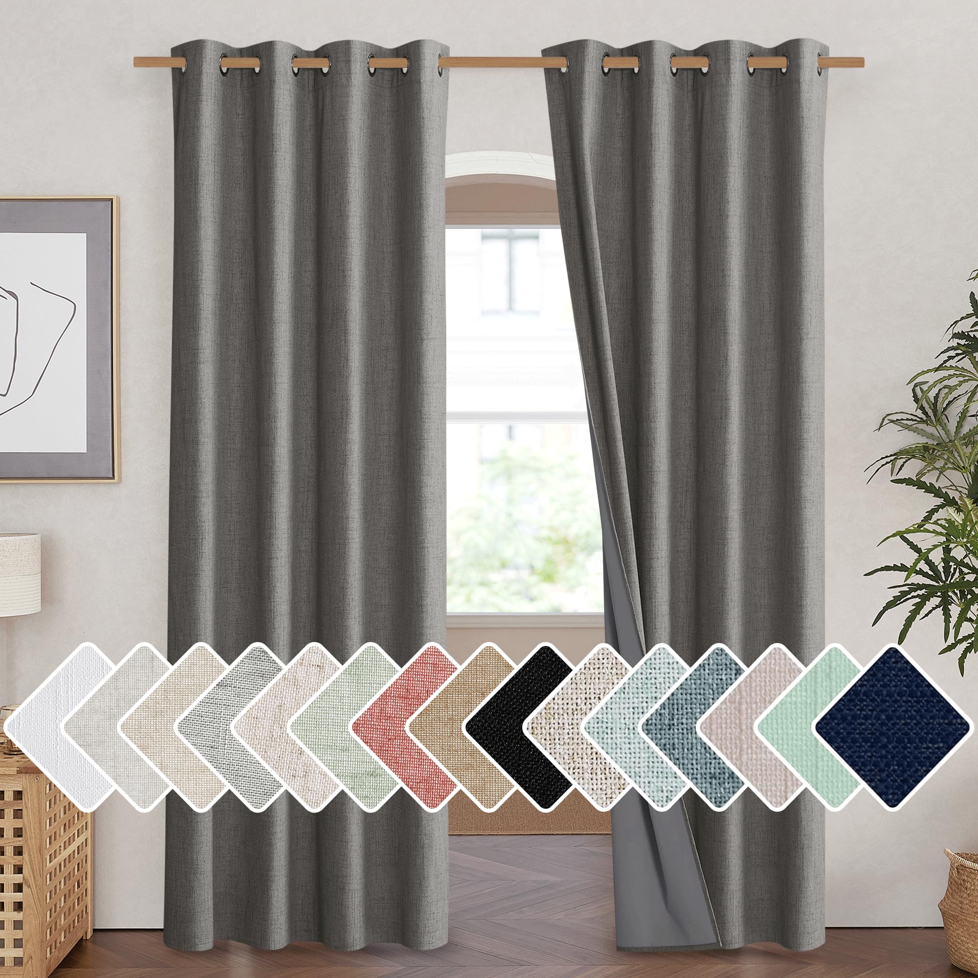 NICETOWN Grizzle Gray Vintage Linen 100% Blackout Curtains for Living Room, Thermal Insulated Curtains 90 Long, Noise Reducing W