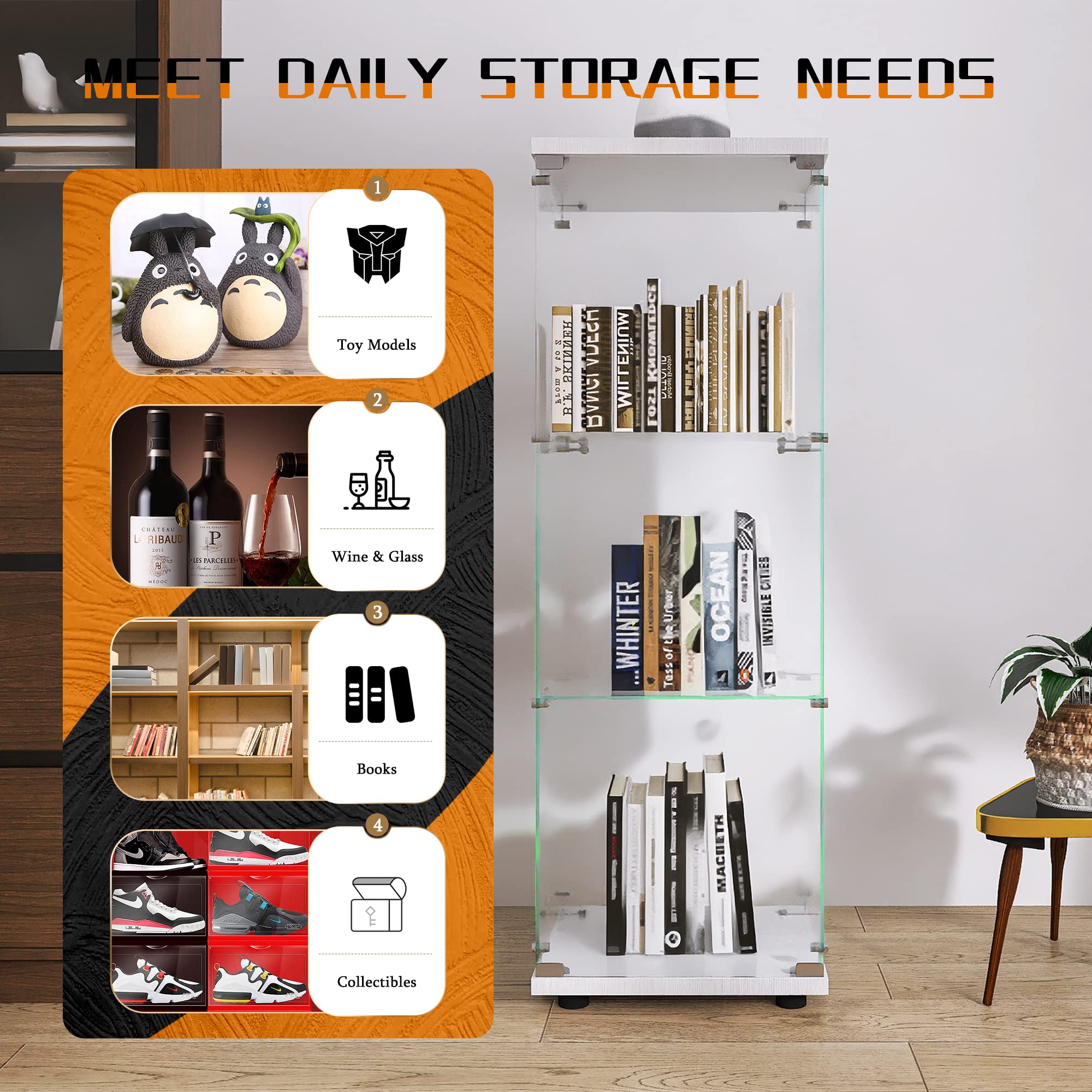 Beauty4U One-Door Glass Display Cabinet, White Curio Cabinets For Living Room, Bedroom, Office, Collection Display, Quick Installation In 30 Mins, 3 Shelves White Floor Standing Glass Bookshelf