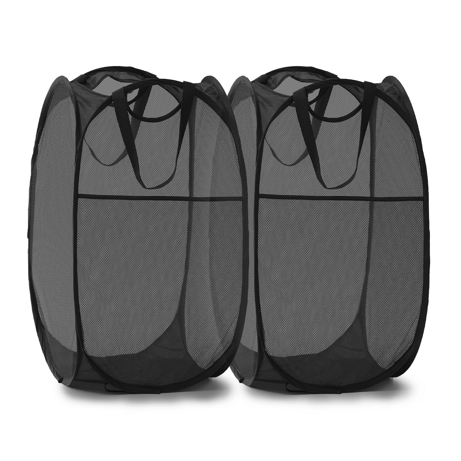 Collapsible Mesh Pop Up Laundry Hamper with Sturdy Handles and Side Pocket - Portable Foldable Clothes Baskets for Dorm, Bathroo