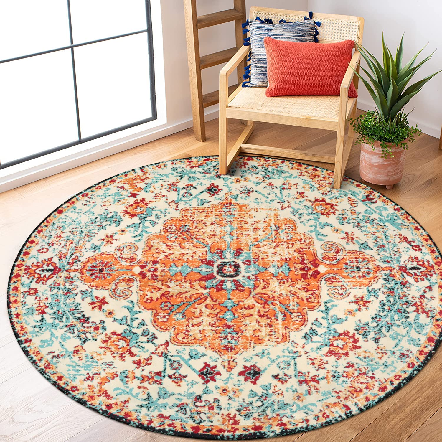 Lahome Washable Round Rugs 53ft, Bohemian Orange Circle Rugs for Living Room, Entryway Round Area Rug, Floral Medallion Soft No